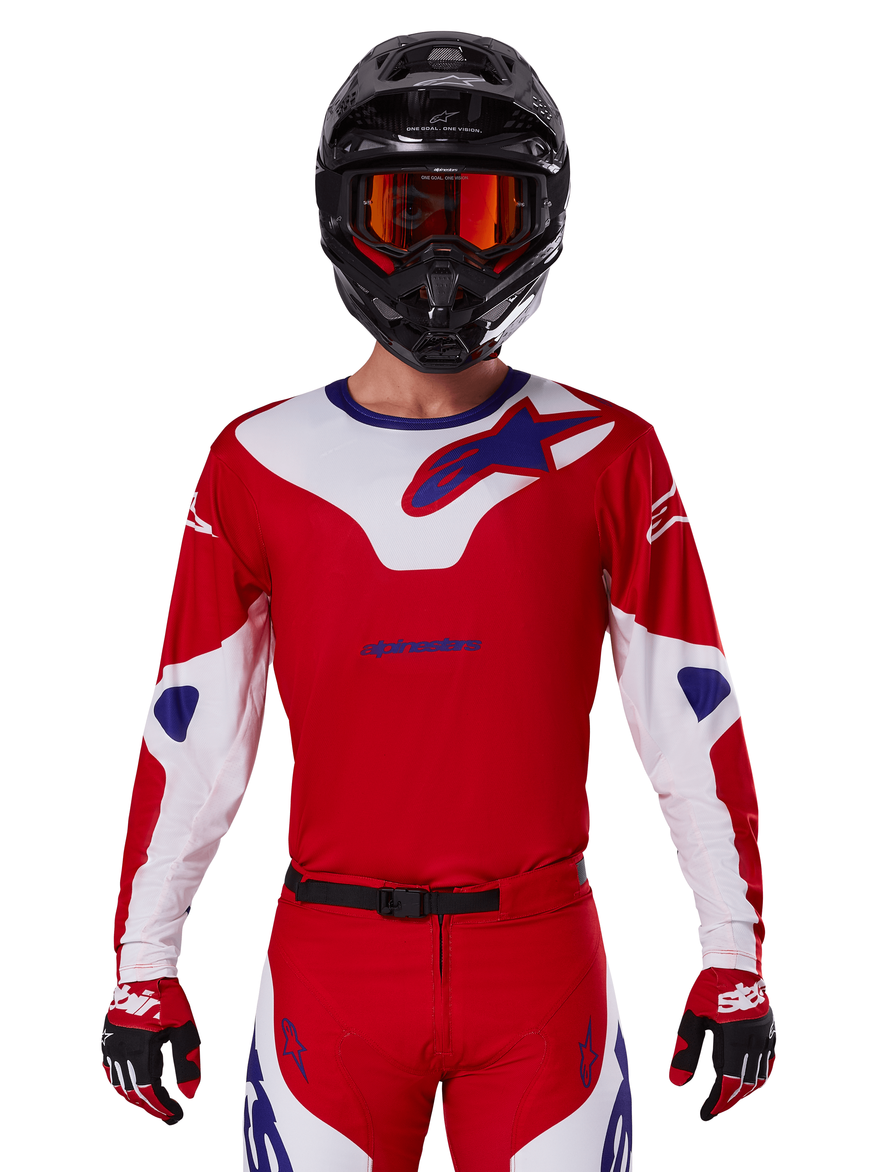 Alpinestars 2025 Racer Veil Jersey, Motocross Racing Jersey, Red White and Blue, Long Sleeve, worn with black helmet and orange goggles, matching red gloves and pants, sleek performance design for off-road riding
