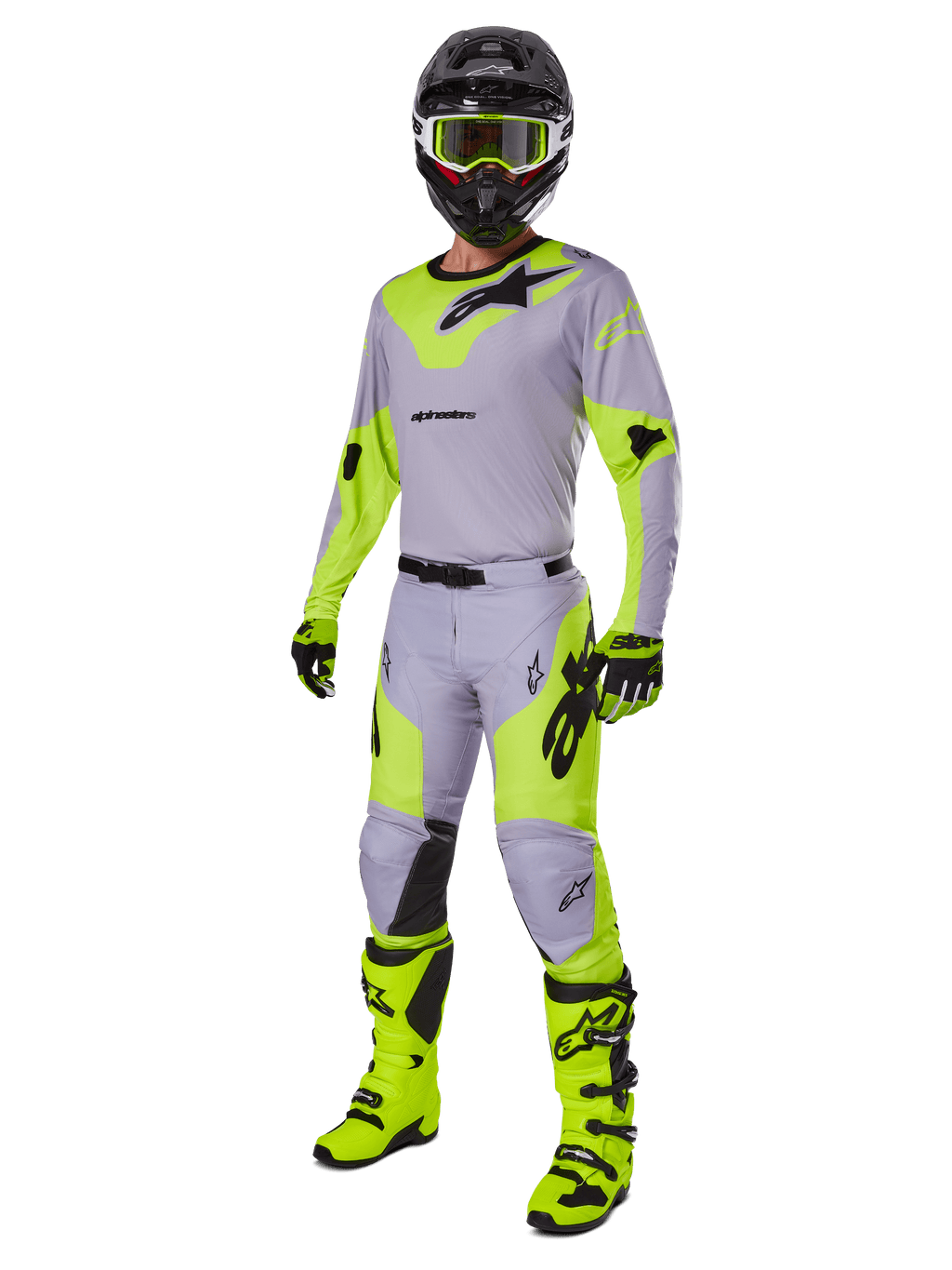 Alpinestars 2025 Racer Veil Gear Set, komplette Motocross-Ausrüstung, Grau und Neongelb Fluo, bestehend aus Jersey, Hose, Helm, Brille, Handschuhen und Stiefeln mit schwarzen Akzenten, professionelle Rennausrüstung für Offroad-Performance.