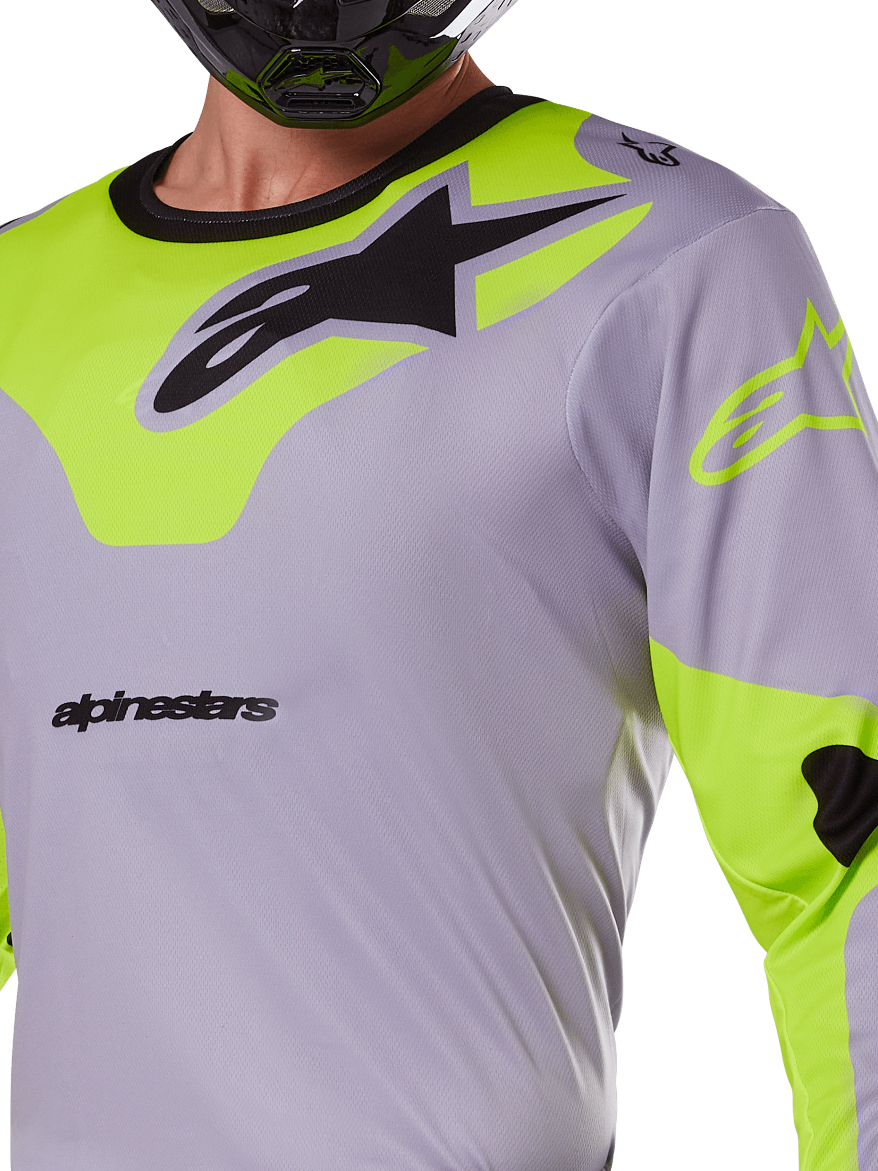 Alpinestars 2025 Racer Veil Trikot, Motocross-Trikot, Grau und Gelb Fluo, mit einem großen schwarzen Astars-Logo auf der Brust, neongelben Schulter- und Ärmeleinsätzen, technisches Mesh-Gewebe für den Offroad-Rennsport