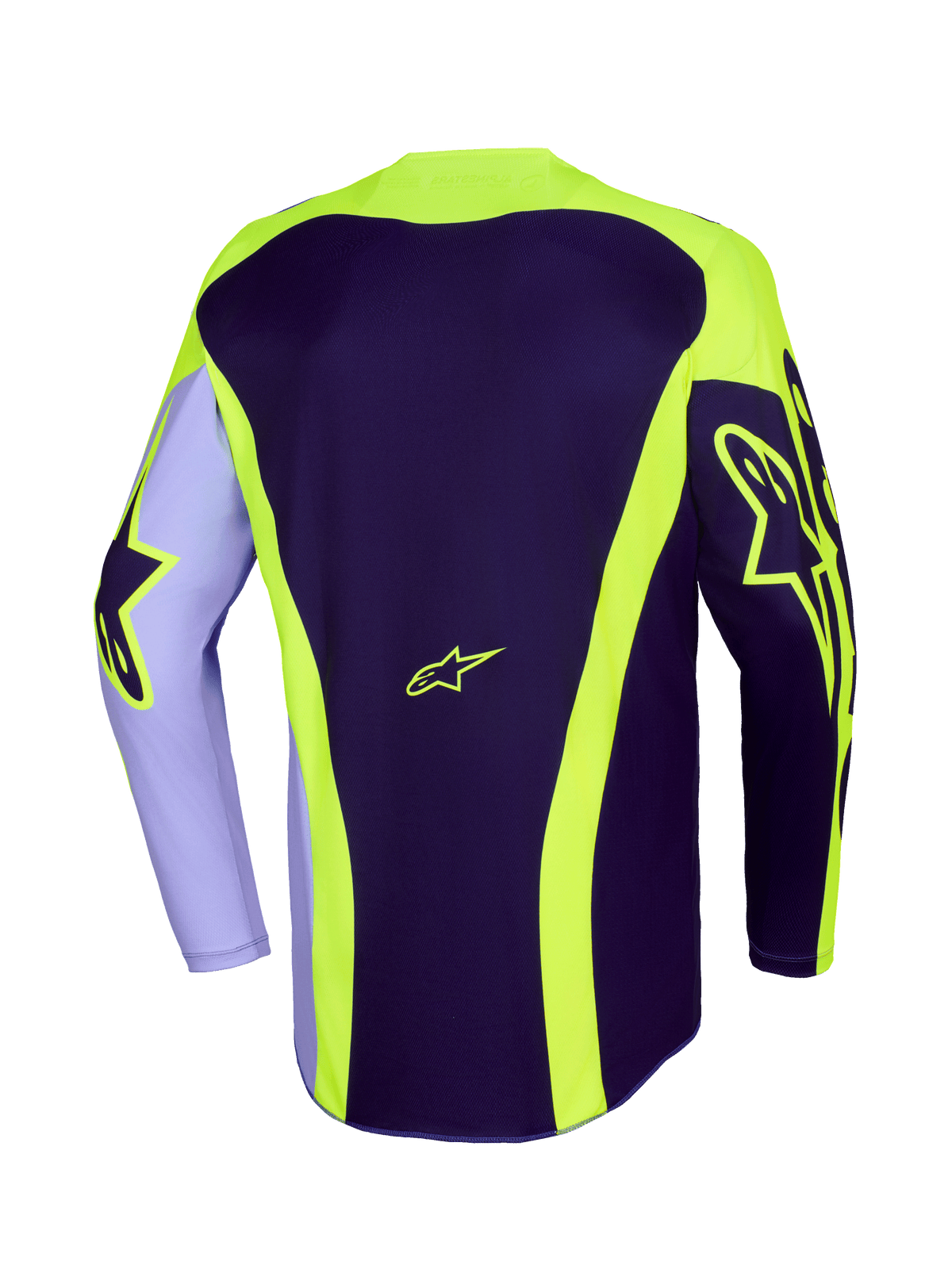 Alpinestars 2026 Racer Portl Trikot, Motocross-Trikot, Lila und Neongelb, Rückansicht mit neongelben Astar-Logos auf Ärmeln und Rücken, geschwungenen Streifen und einer verlängerten Rückenpartie für den Offroad-Rennsport.