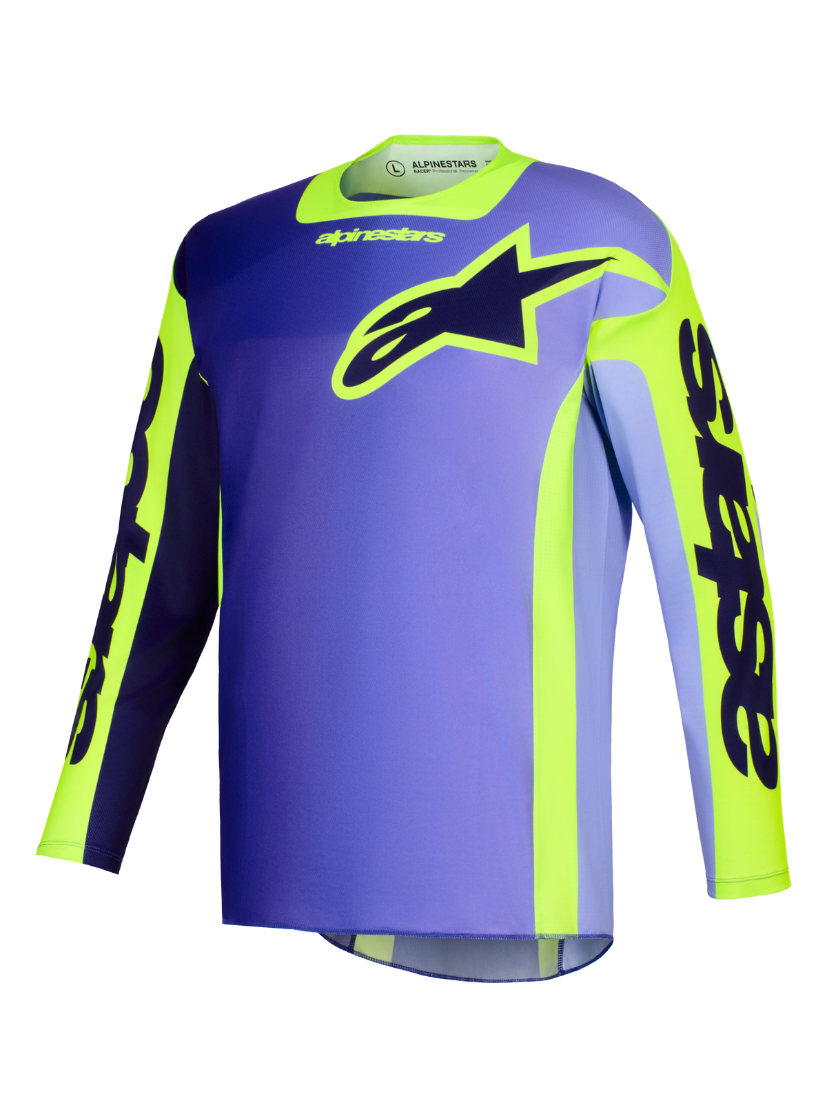 Alpinestars 2026 Racer Portl Trikot, Motocross-Trikot, Lila und Gelb Fluo, mit einem lilafarbenen Body mit Farbverlauf, leuchtend gelben Akzenten, großem Alpinestars Stern-Logo auf der Brust und „astars“-Branding auf den Ärmeln.