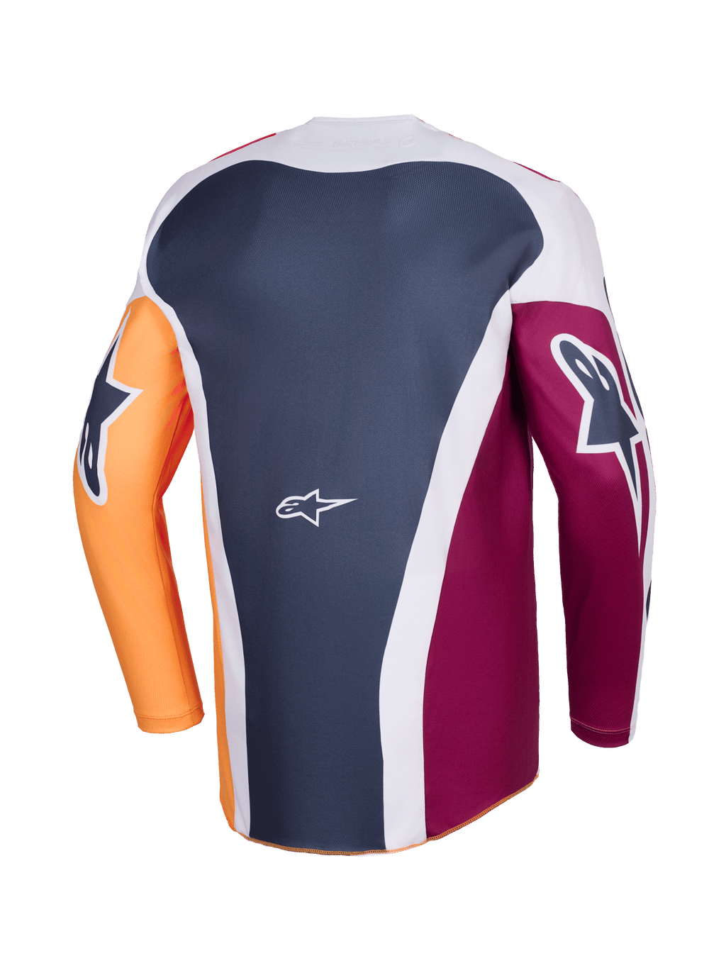 Alpinestars 2026 Racer Portl Trikot, Motocross-Trikot, Rot, Orange und Dunkelgrau, Rückansicht mit mehrteiliger Konstruktion, weißes Alpinestars-Logo auf dem unteren Rücken, auffällige grafische Logos auf den langen Ärmeln, Performance-Ausrüstung für Offroad-Rennen
