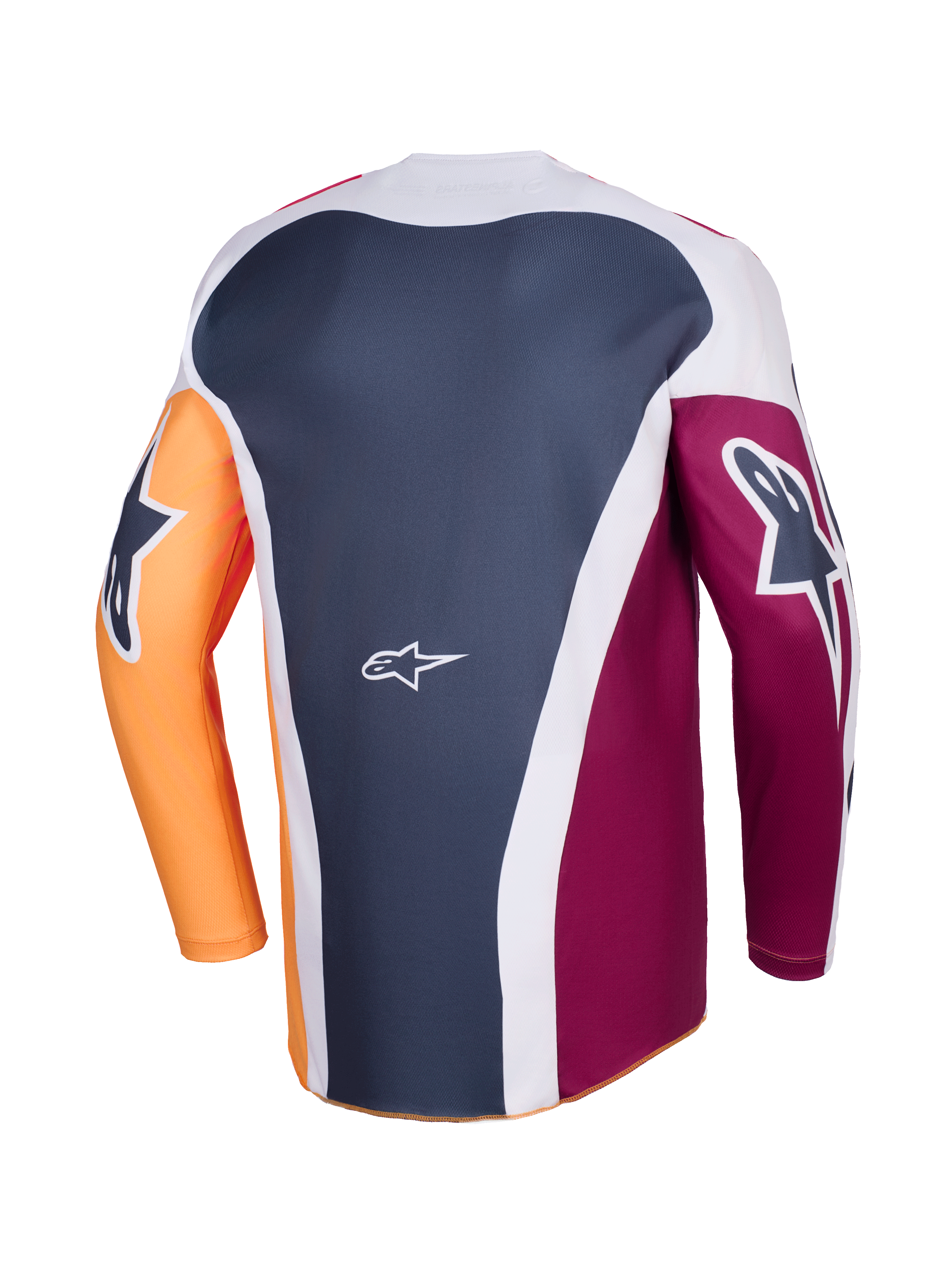 Alpinestars 2026 Racer Portl Trikot, Motocross-Trikot, Rot, Orange und Dunkelgrau, Rückansicht mit mehrteiliger Konstruktion, weißes Alpinestars-Logo auf dem unteren Rücken, auffällige grafische Logos auf den langen Ärmeln, Performance-Ausrüstung für Offroad-Rennen