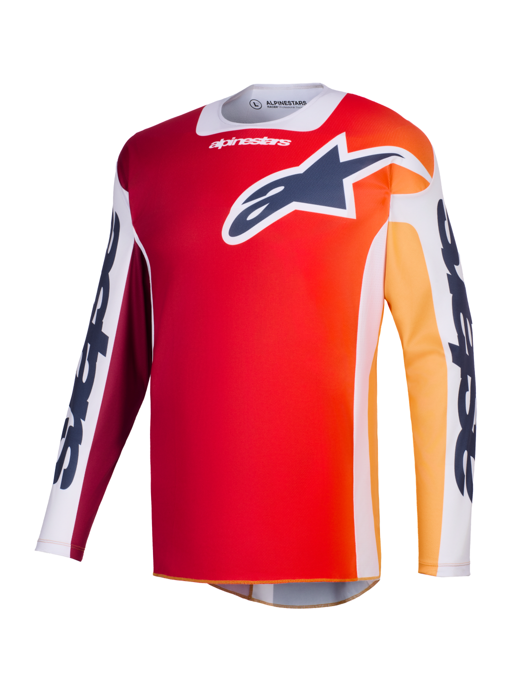 Alpinestars 2026 Racer Portl Trikot, Motocross-Trikot, Rot mit orange-gelbem Farbverlauf, dunkelblaues Astar-Logo auf der Brust, weiße Ärmelbahnen mit markantem Alpinestars-Branding, technische Performance-Ausrüstung für den Offroad-Rennsport