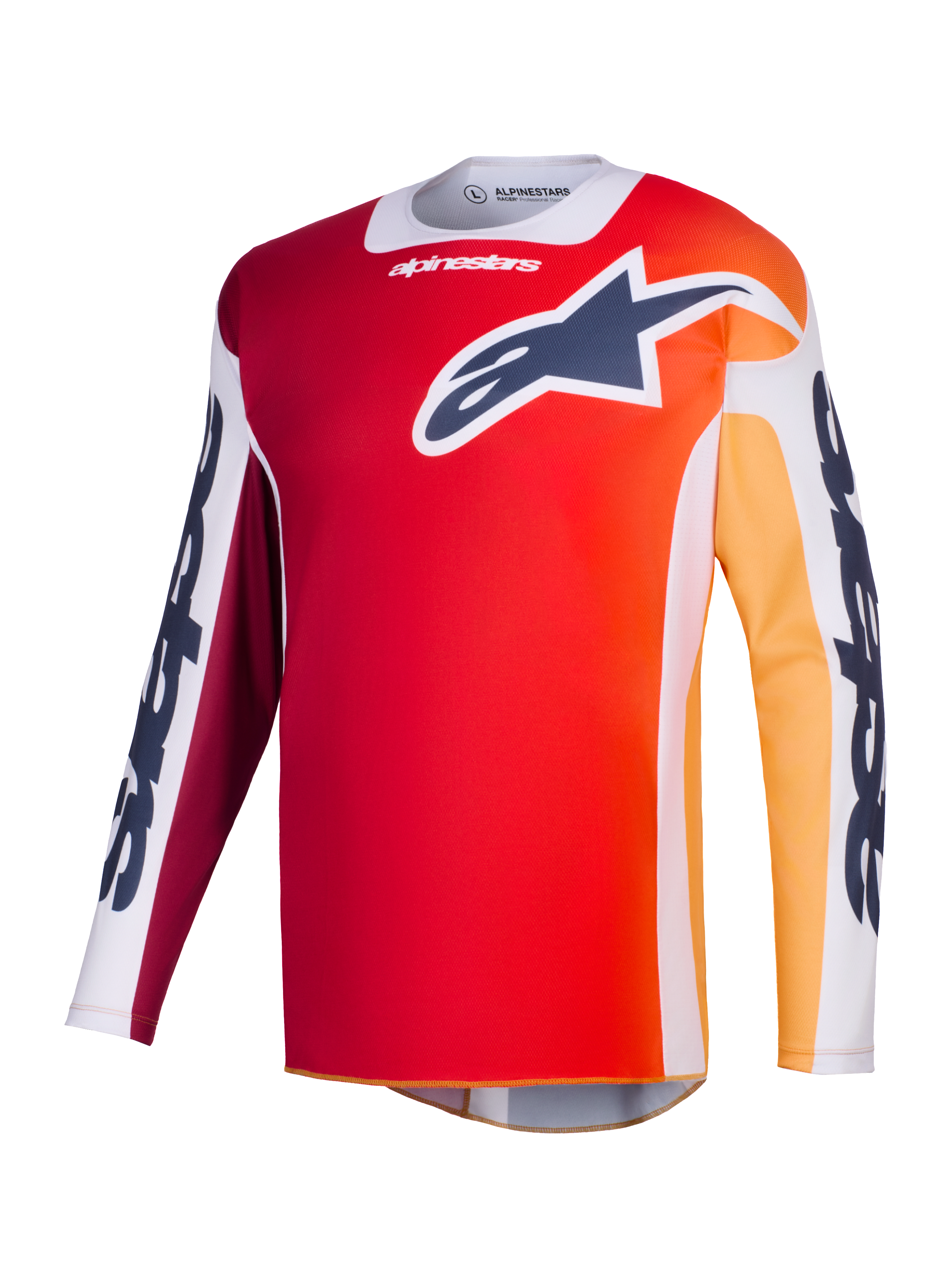 Alpinestars 2026 Racer Portl Trikot, Motocross-Trikot, Rot mit orange-gelbem Farbverlauf, dunkelblaues Astar-Logo auf der Brust, weiße Ärmelbahnen mit markantem Alpinestars-Branding, technische Performance-Ausrüstung für den Offroad-Rennsport