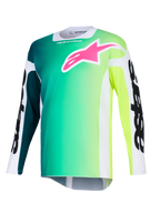 Alpinestars 2026 Racer Portl Trikot, Motocross-Trikot, grün-gelber Farbverlauf, leuchtend pinkes Logo auf der Brust, weiße Ärmel mit markantem schwarzem Alpinestars-Schriftzug, leichtes Funktionsmaterial für den Offroad-Einsatz