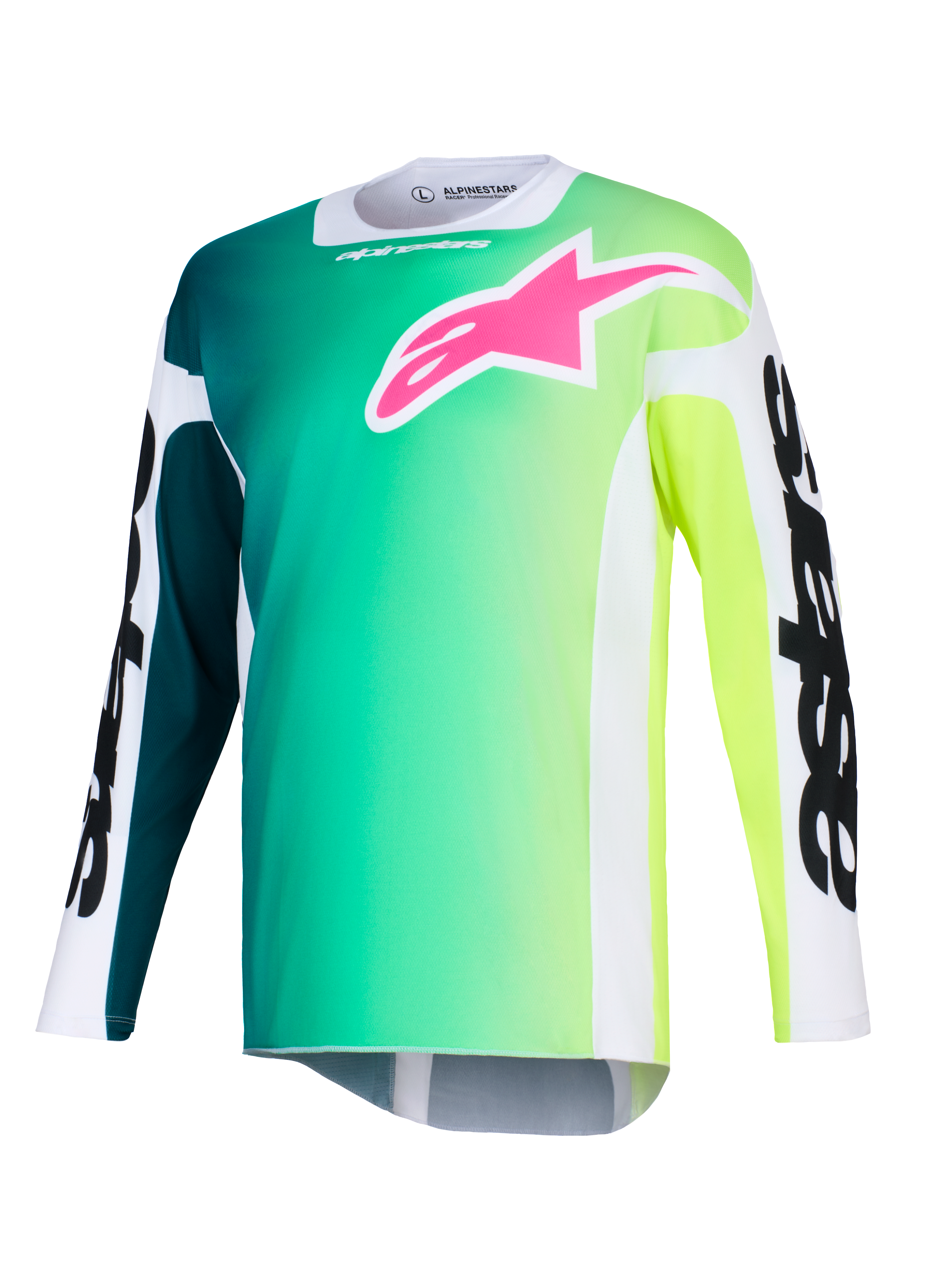 Alpinestars 2026 Racer Portl Trikot, Motocross-Trikot, grün-gelber Farbverlauf, leuchtend pinkes Logo auf der Brust, weiße Ärmel mit markantem schwarzem Alpinestars-Schriftzug, leichtes Funktionsmaterial für den Offroad-Einsatz