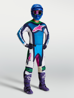 Alpinestars Techstar Maven Trikot, blau-weißes Motocross-Trikot mit athletischer Passform und feuchtigkeitsableitendem Stretchmaterial.
