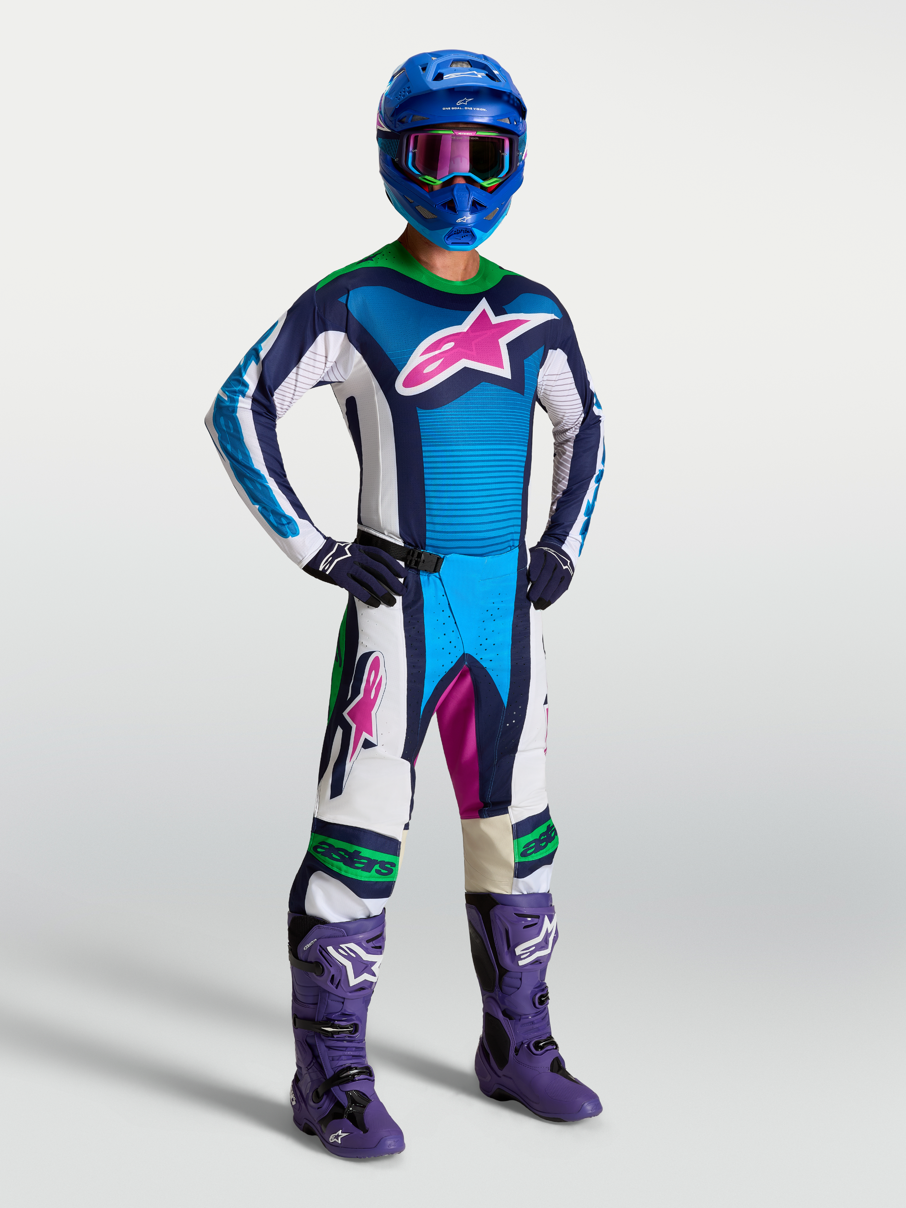 Alpinestars Techstar Maven Trikot, blau-weißes Motocross-Trikot mit athletischer Passform und feuchtigkeitsableitendem Stretchmaterial.