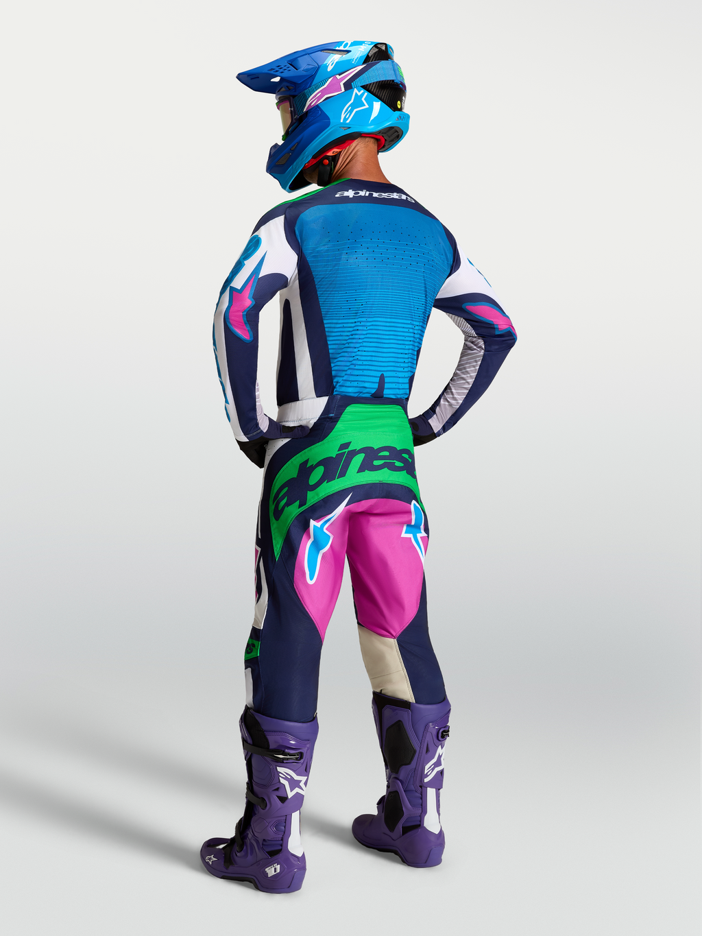 Alpinestars Techstar Maven Trikot, blau-weißes Motocross-Trikot, athletische Rennpassform und lasergeschnittene Belüftung.