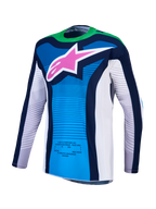 Alpinestars Techstar Maven Trikot und 2027 Techstar Maven Gear Set, Motocross-Trikot für Herren, Blau und Fluo-Grün mit pinkem Stern-Logo, athletische Rennpassform, feuchtigkeitsableitendes Gewebe.