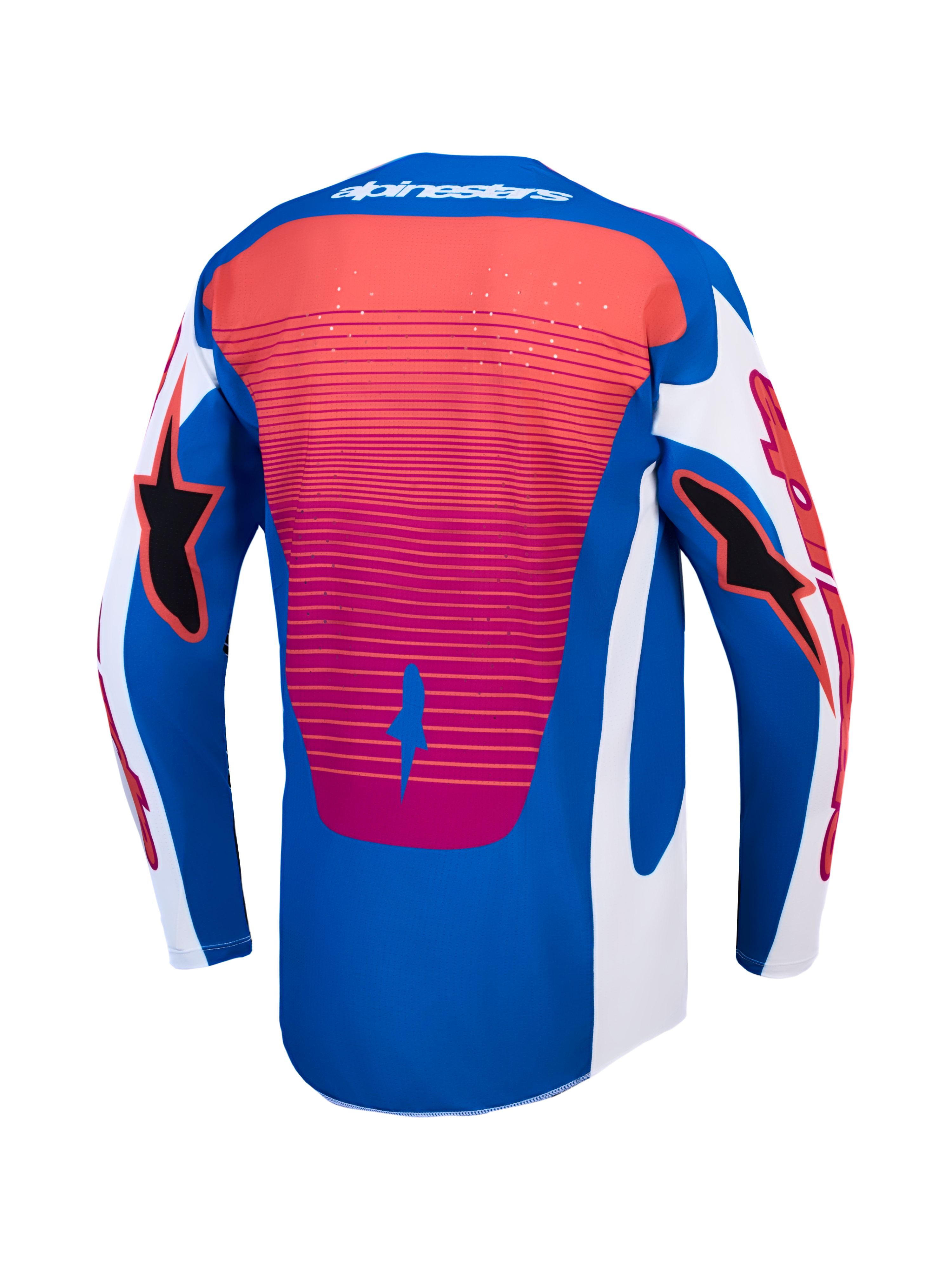 Alpinestars Techstar Maven Trikot in Blau und Rot, Rückansicht mit lasergeschnittener Belüftung, atmungsaktive Motocross-Ausrüstung.