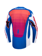 Alpinestars Techstar Maven Trikot, blau-weißes Motocross-Renntrikot mit Korallen-Akzenten und verlängertem Rückenteil.