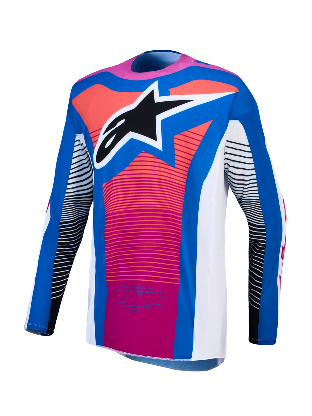 Alpinestars Techstar Maven Trikot für Herren, Motocross-Trikot in Blau, Hot Coral und Weiß, athletische Rennpassform.