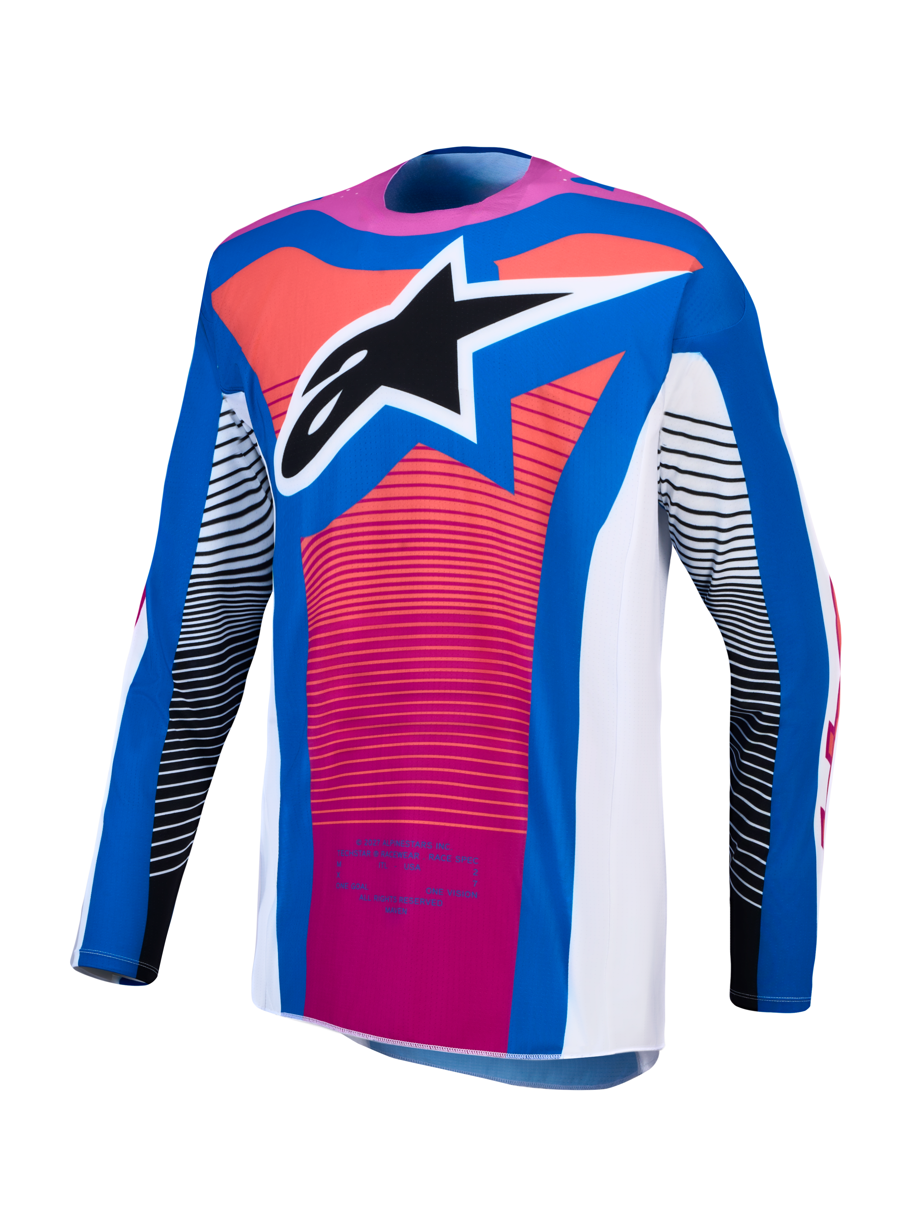 Alpinestars Techstar Maven Trikot für Herren, Motocross-Trikot in Blau, Hot Coral und Weiß, athletische Rennpassform.