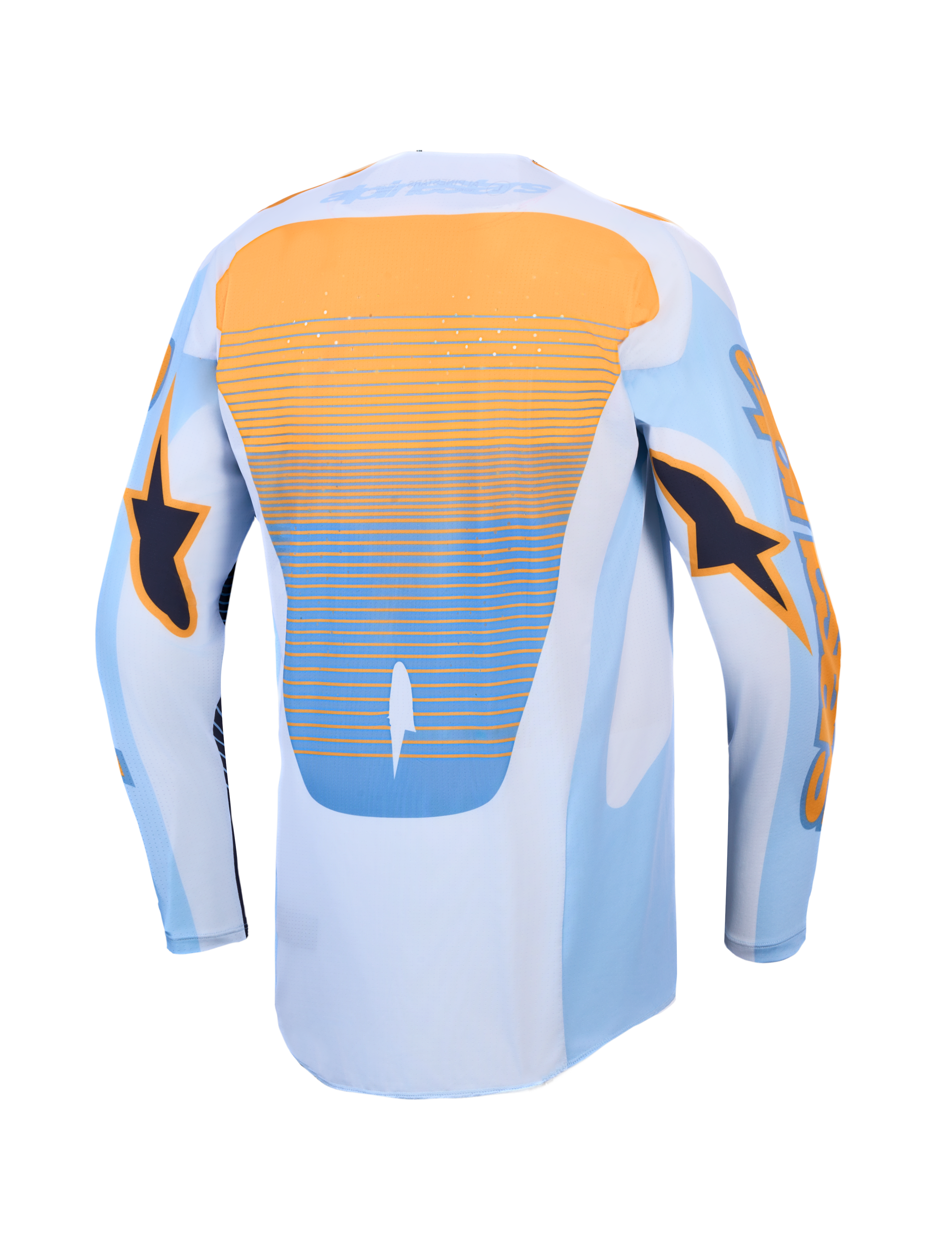 Alpinestars Techstar Maven Trikot, blau-orangefarbenes Motocross-Trikot mit Laser-Belüftung und verlängertem Rückenteil.