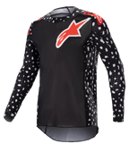 Alpinestars 2023 Supertech North Jersey, Motocross Jersey, Black and Neon Red, long sleeves with white speckle pattern, red and white star logos on chest and shoulders, lightweight performance mesh with athletic race fit