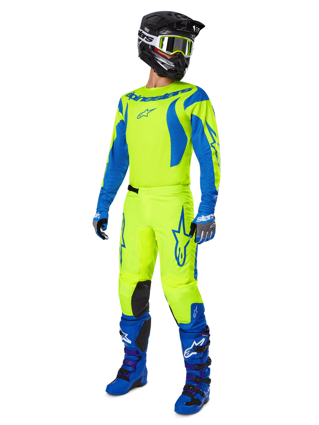 Alpinestars 2025 Fluid Haul Ausrüstungsset, komplette Motocross-Rennausrüstung mit Jersey und Hose in Neongelb und Blau, schwarzer Helm, blaue Handschuhe und blaue Offroad-Stiefel, gut sichtbares, abgestimmtes Outfit für Motocross und Enduro.