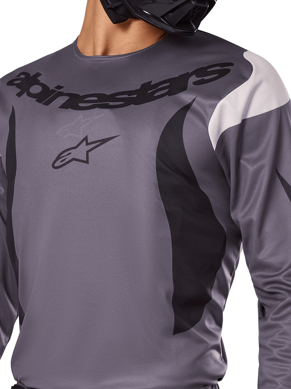 Alpinestars 2025 Fluid Haul Trikot, Motocross-Trikot, Grau mit schwarzen und weißen Akzenten, mit Alpinestars-Logo und Schriftzug auf der Brust, sportliche Passform für den Offroad-Rennsport