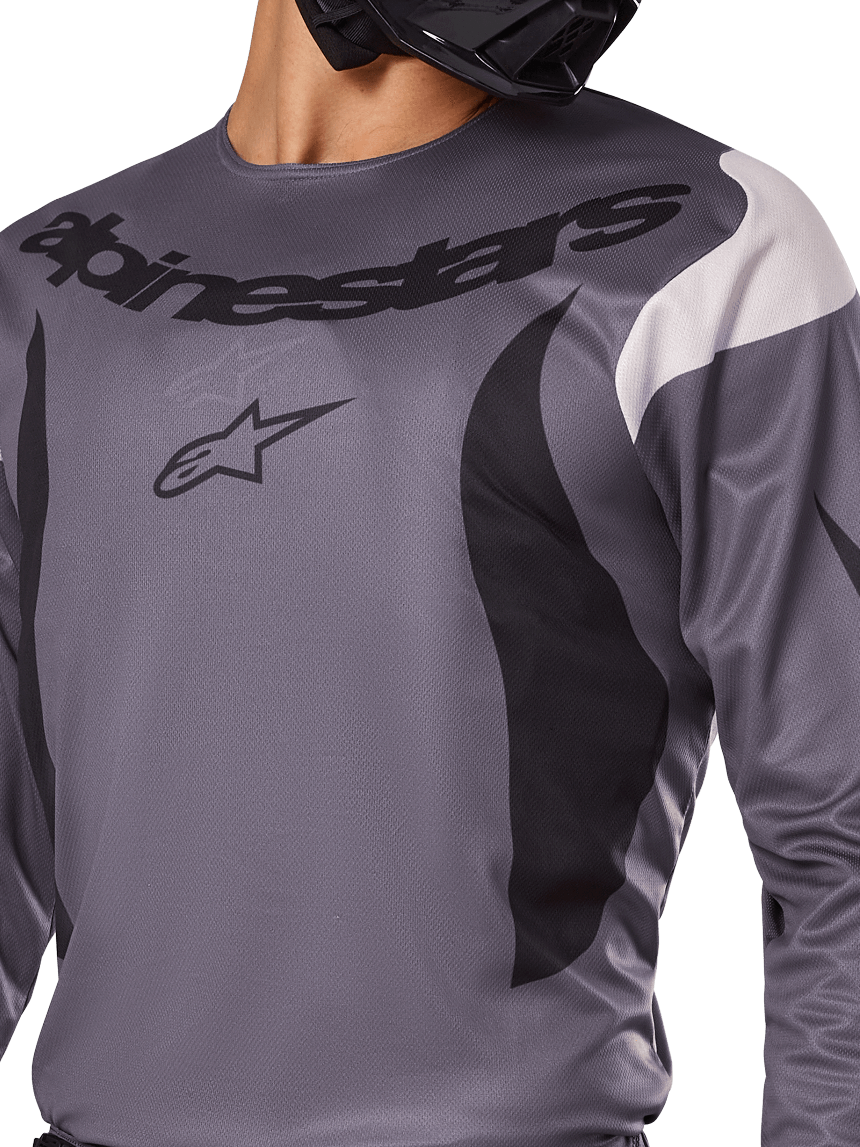 Alpinestars 2025 Fluid Haul Trikot, Motocross-Trikot, Grau mit schwarzen und weißen Akzenten, mit Alpinestars-Logo und Schriftzug auf der Brust, sportliche Passform für den Offroad-Rennsport