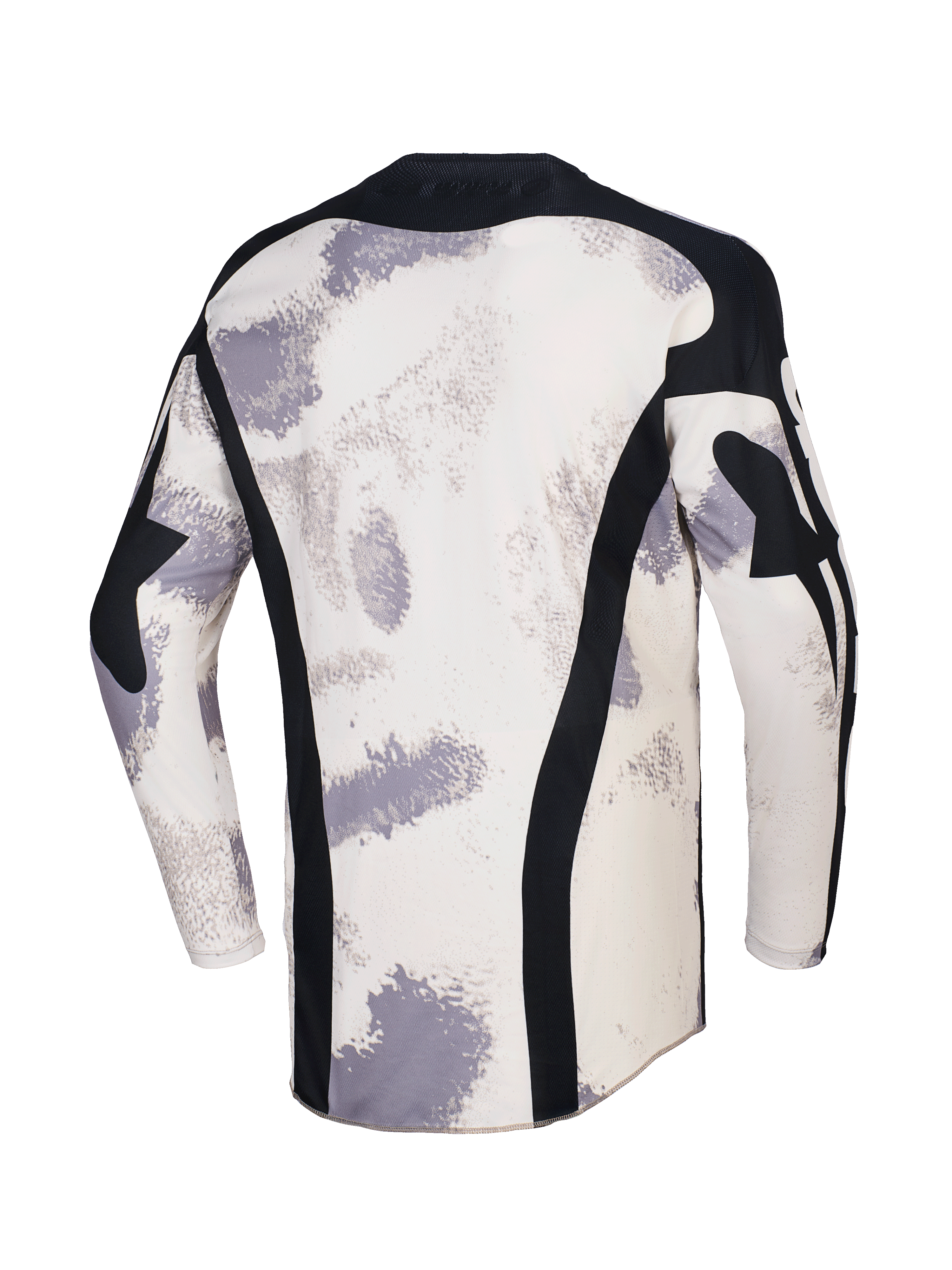 Alpinestars 2026 Racer Lahnd Trikot, Motocross-Trikot, Sand-Camo mit cremeweißen und grauen Pinselstrich-Mustern, Rückansicht mit vertikalen schwarzen Mesh-Einsätzen, schwarzem Kragen und verlängerter Rückenpartie für zusätzliche Abdeckung.