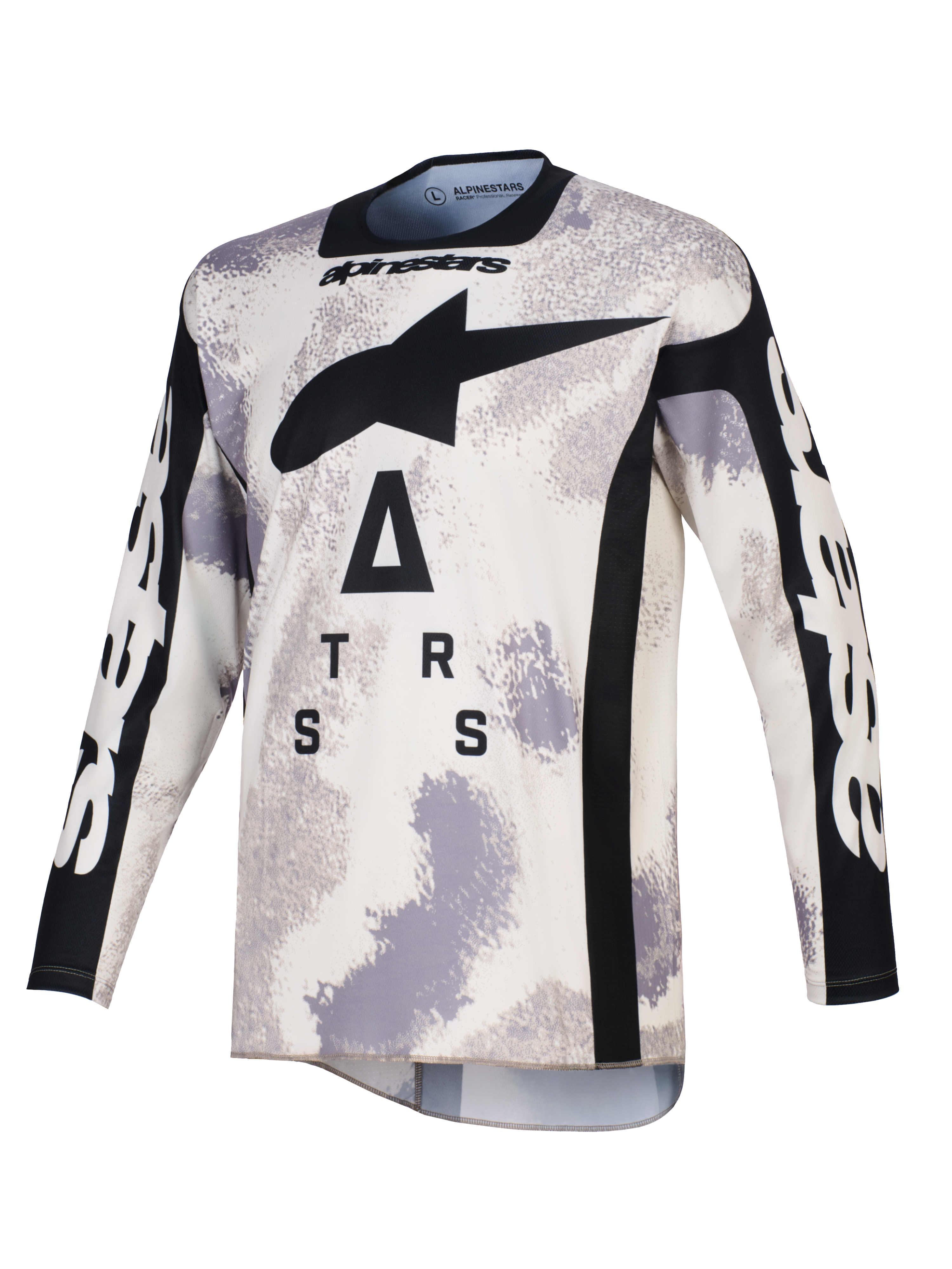 Alpinestars 2026 Racer Lahnd Trikot, Motocross-Trikot, Sand Camo Grau und Weiß, mit großem schwarzem A-Star-Logo und stilisierter Beschriftung auf der Brust, schwarzer Rundhalsausschnitt und seitliche Einsätze, lange Ärmel mit weißem Branding, professionelle Offroad-Rennbekleidung.