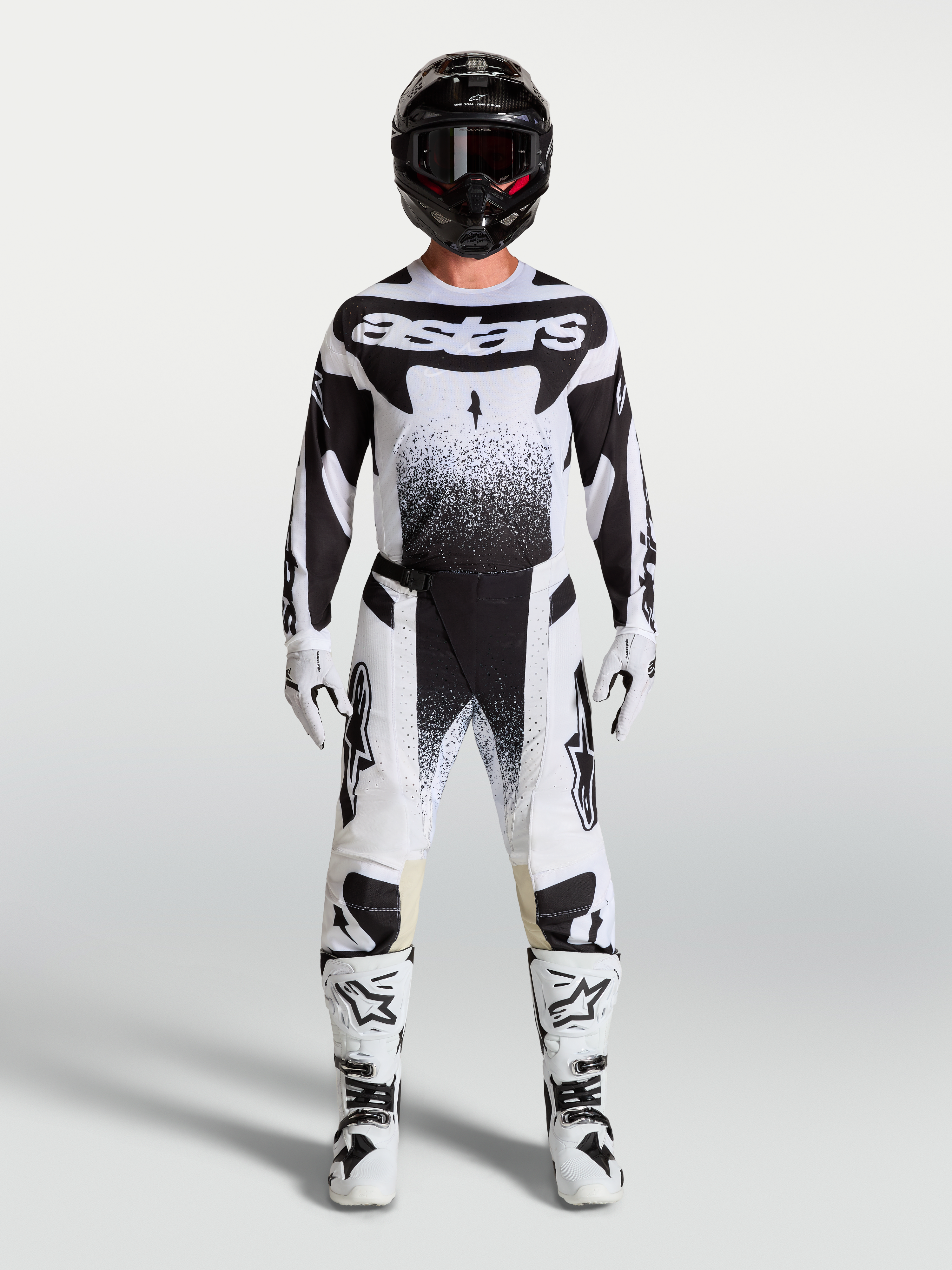 Alpinestars Techstar Swan Trikot und Gear Set, Herren-Motocross-Outfit, Schwarz und Weiß mit punktierten Grafiken.