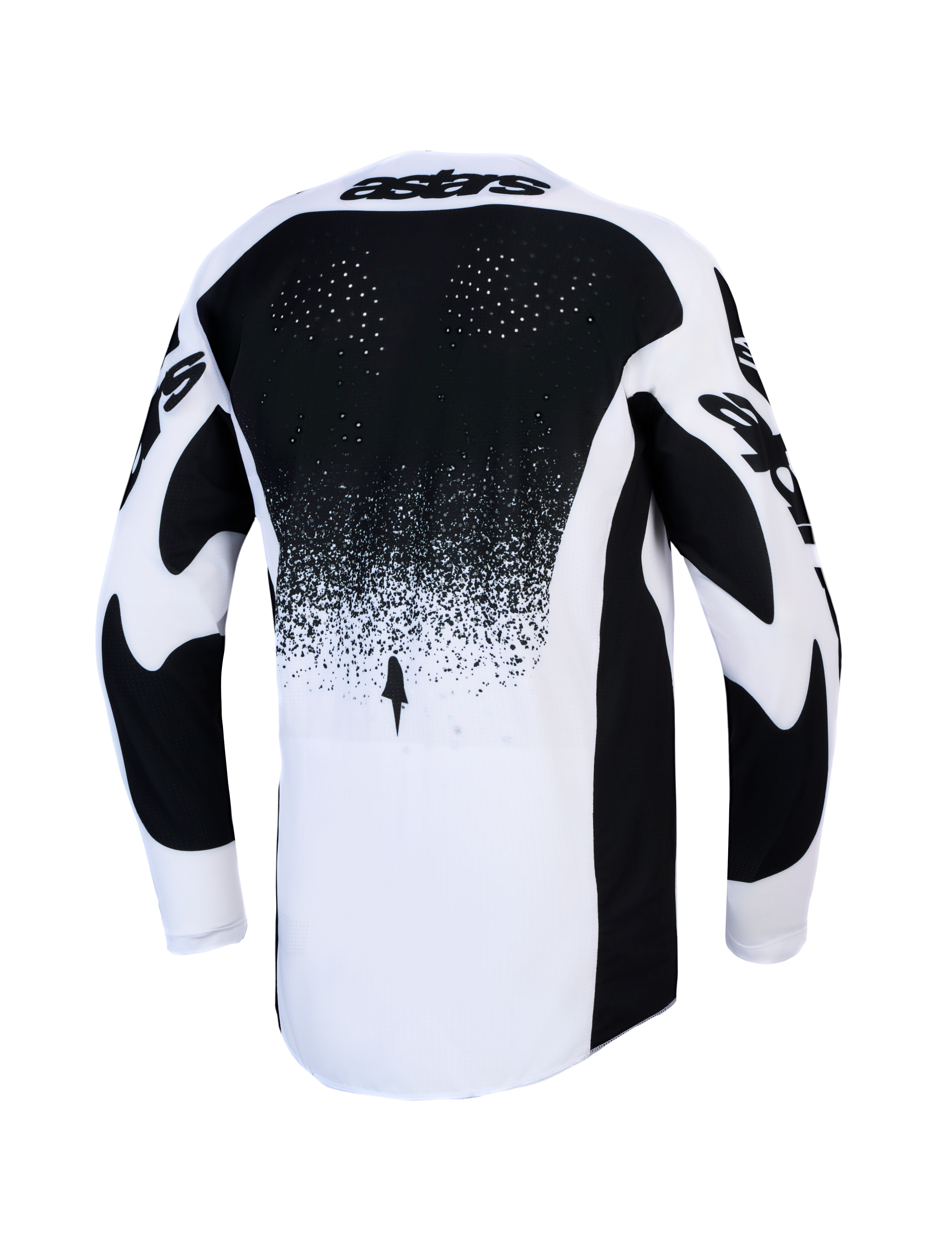Alpinestars Techstar Swan Trikot, Motocross-Renntrikot für Herren, Schwarz und Weiß, Rückansicht mit Laserperforationen zur Belüftung und verlängertem Saum.