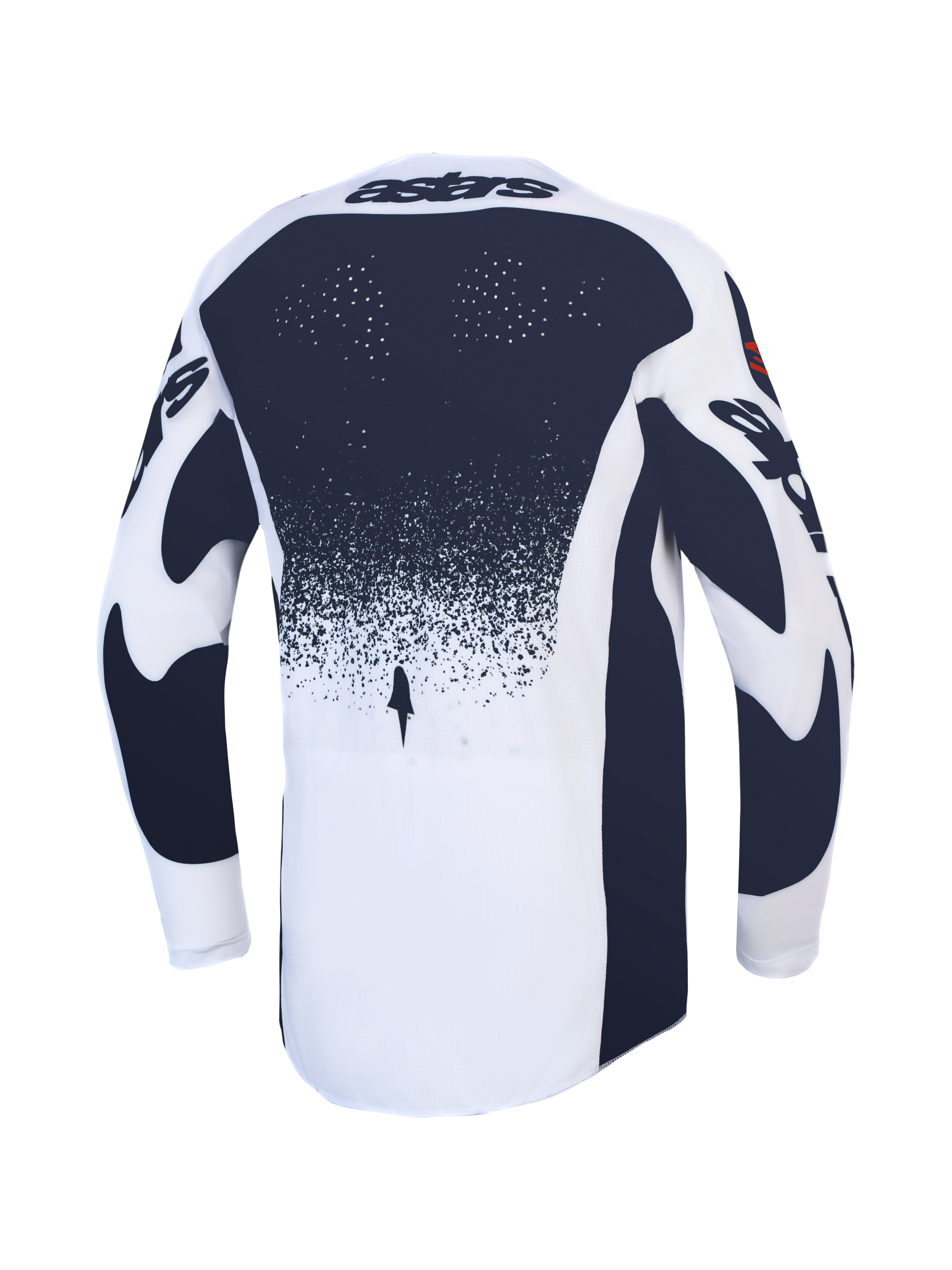 Alpinestars Techstar Swan Trikot, Motocross-Oberteil in Weiß und Dunkelgrau, Rückansicht mit Laserperforationen und athletischer Rennpassform.