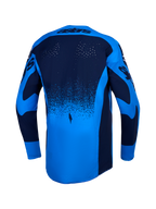 Alpinestars Techstar Swan Trikot, Motocross-Renntrikot für Herren, Blau und Dunkelblau, Rückansicht mit Laserperforationen und verlängertem Rückenteil.