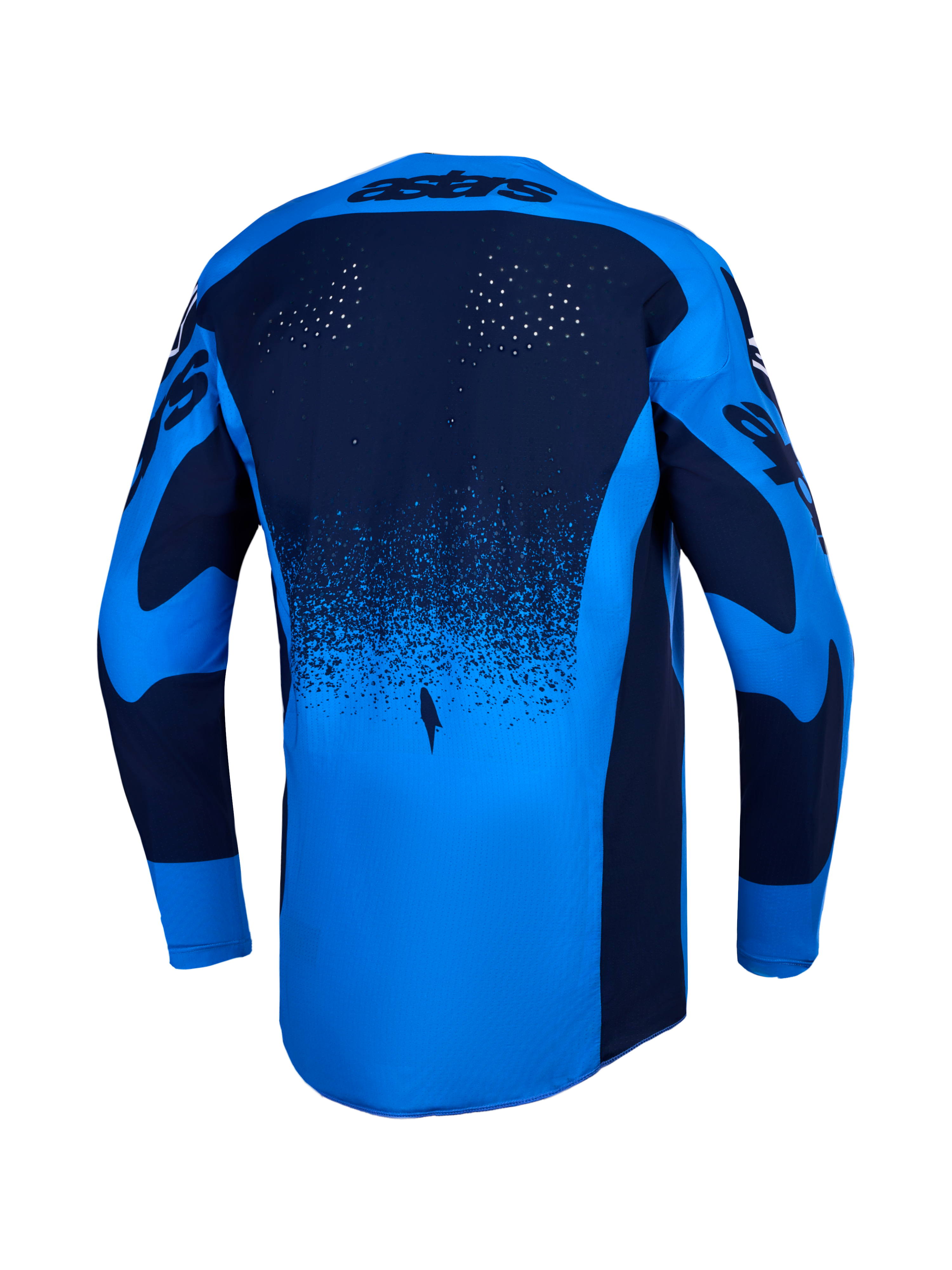 Alpinestars Techstar Swan Trikot, Motocross-Renntrikot für Herren, Blau und Dunkelblau, Rückansicht mit Laserperforationen und verlängertem Rückenteil.
