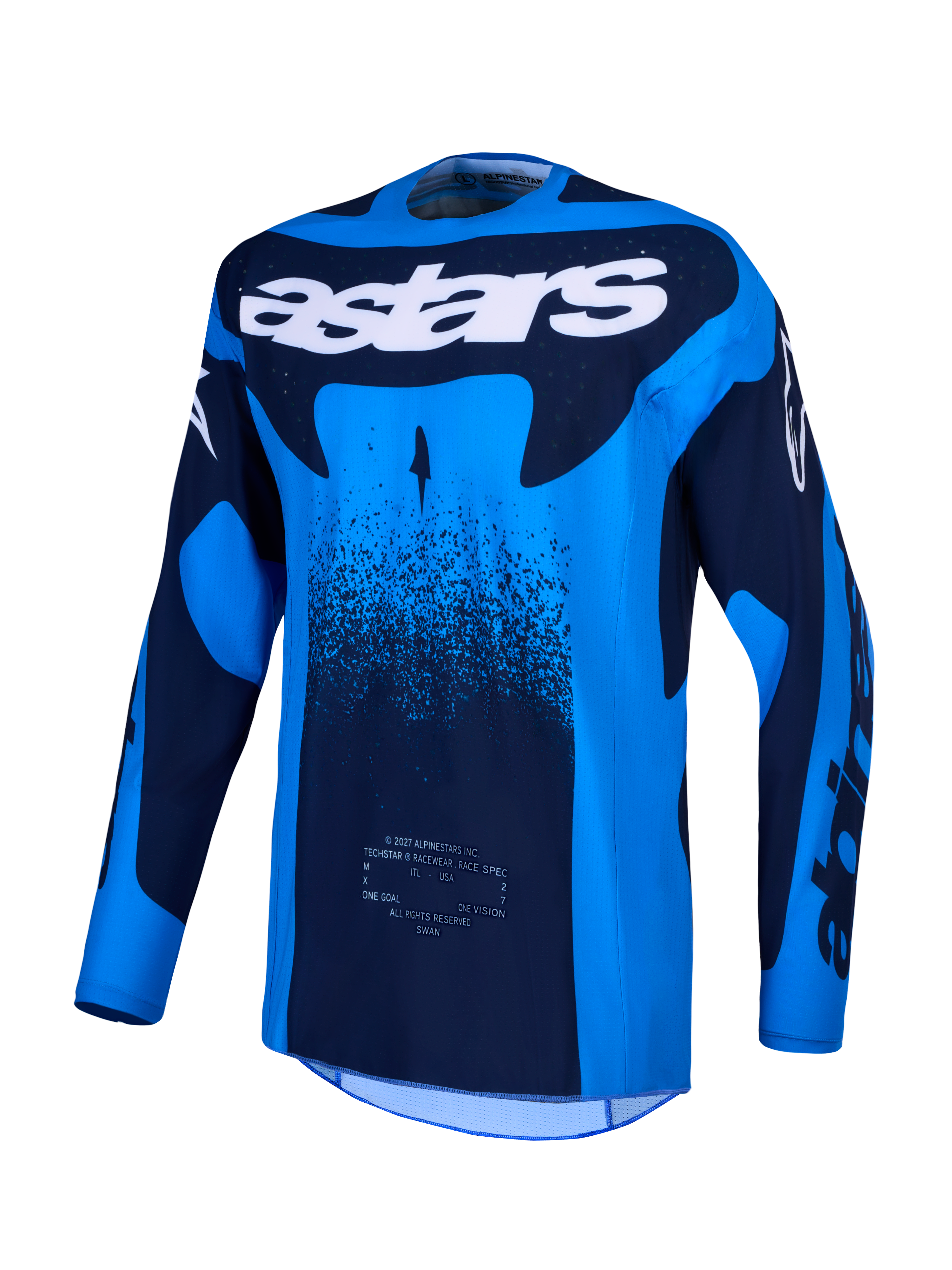 Alpinestars Techstar Swan Trikot, Motocross-Oberteil in Blau und Dunkelblau, feuchtigkeitsableitend, lasergeschnittene Belüftung