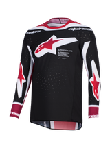 Alpinestars 2026 Supertech AFD Vista Jersey, Motocross-Jersey, Schwarz, Rot und Weiß, mit einem großen rot-weißen Alpinestars-Sternlogo auf der Brust und „Supertech AFD“-Schriftzug, perforiertem Mesh-Gewebe zur Belüftung und einer athletischen Racing-Passform.
