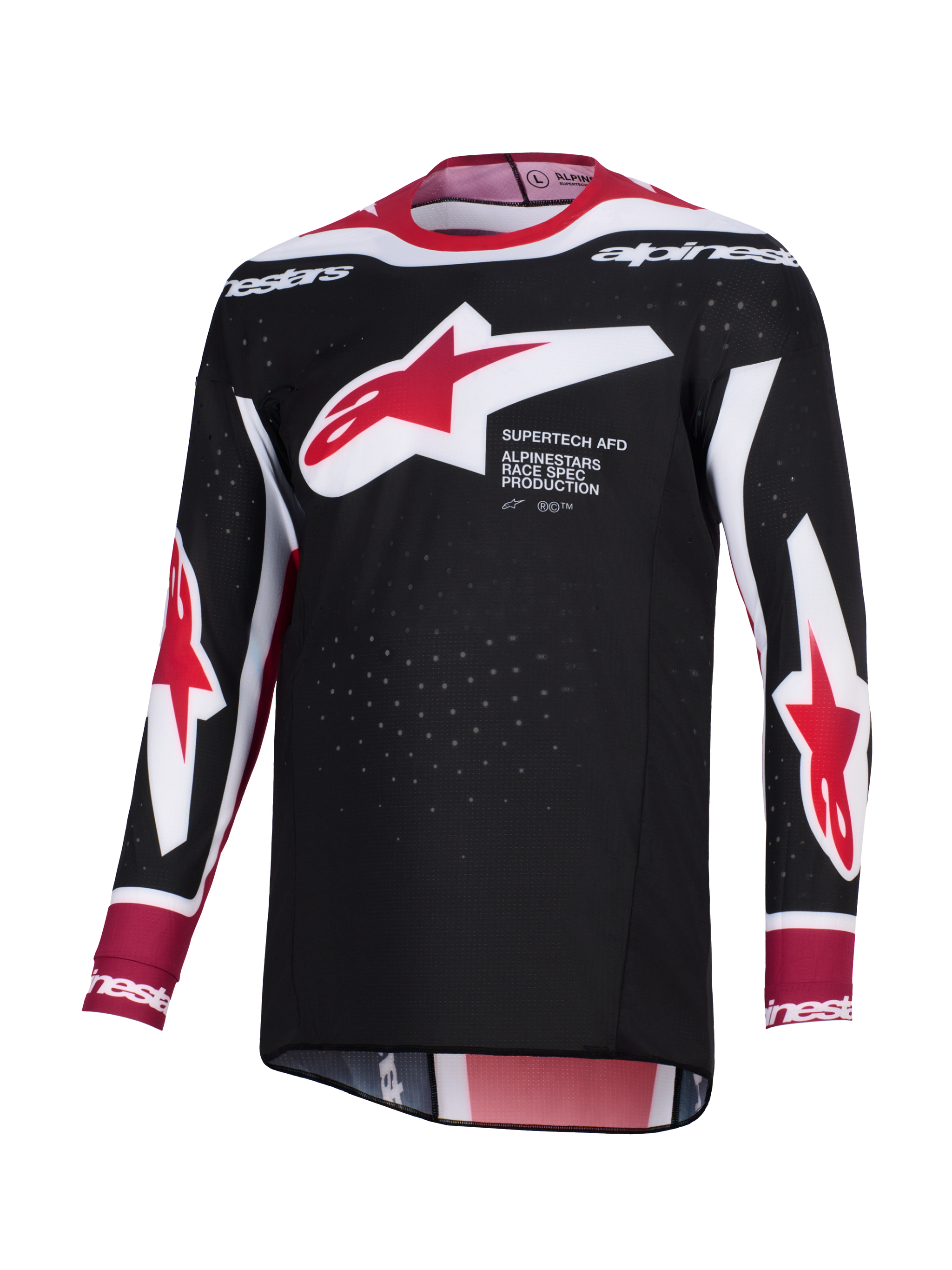 Alpinestars 2026 Supertech AFD Vista Jersey, Motocross-Jersey, Schwarz, Rot und Weiß, mit einem großen rot-weißen Alpinestars-Sternlogo auf der Brust und „Supertech AFD“-Schriftzug, perforiertem Mesh-Gewebe zur Belüftung und einer athletischen Racing-Passform.