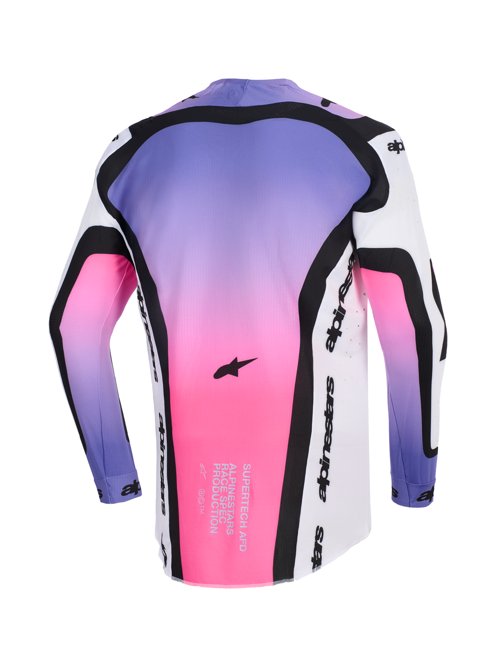 Alpinestars 2026 Supertech AFD Vista Trikot, Motocross-Trikot, Weiß, Violett und Schwarz mit pinkfarbenem Farbverlauf, Rückansicht mit Supertech AFD Race-Spec-Text und Alpinestars-Branding, professionelle Offroad-Ausrüstung mit athletischer Passform