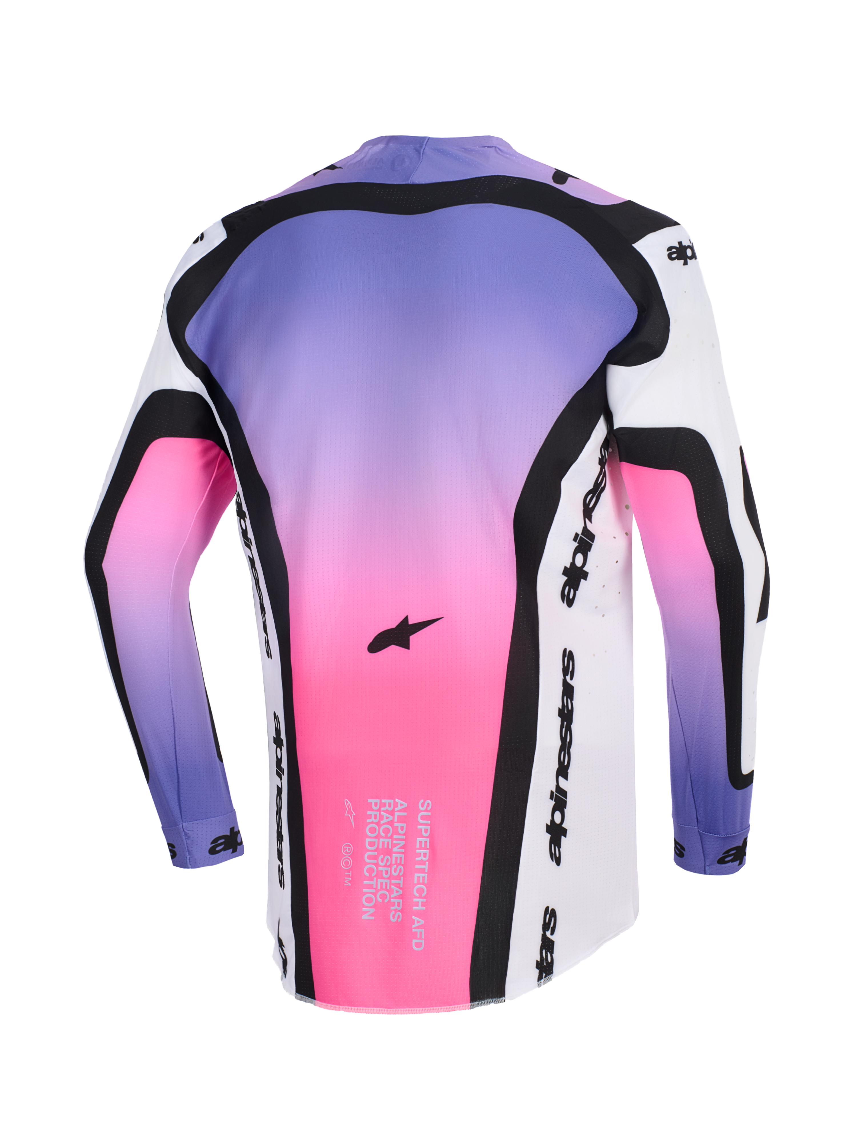 Alpinestars 2026 Supertech AFD Vista Trikot, Motocross-Trikot, Weiß, Violett und Schwarz mit pinkfarbenem Farbverlauf, Rückansicht mit Supertech AFD Race-Spec-Text und Alpinestars-Branding, professionelle Offroad-Ausrüstung mit athletischer Passform