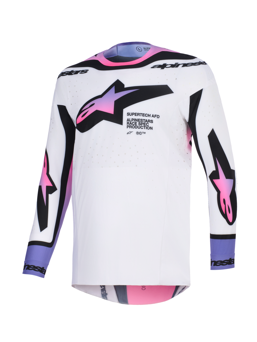 Alpinestars 2026 Supertech AFD Vista Trikot, Motocross-Trikot, Weiß, Lila und Schwarz, weiße Basis mit pink- und lilafarbenen Stern-Logos mit Farbverlauf auf Brust und Ärmeln, schwarze Akzente an Kragen und Bündchen, athletische Passform und perforiertes Mesh-Gewebe für optimale Belüftung