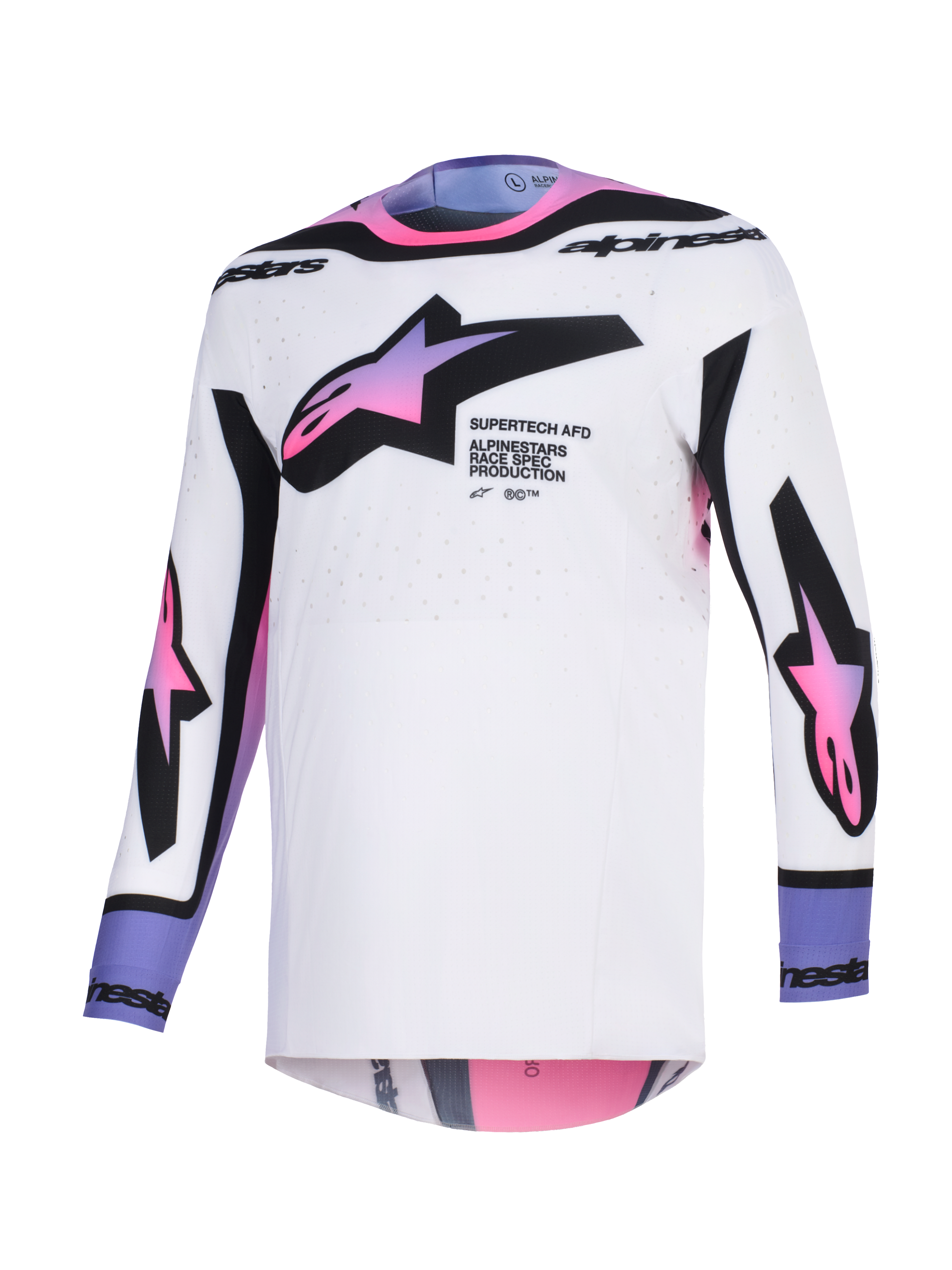 Alpinestars 2026 Supertech AFD Vista Trikot, Motocross-Trikot, Weiß, Lila und Schwarz, weiße Basis mit pink- und lilafarbenen Stern-Logos mit Farbverlauf auf Brust und Ärmeln, schwarze Akzente an Kragen und Bündchen, athletische Passform und perforiertes Mesh-Gewebe für optimale Belüftung