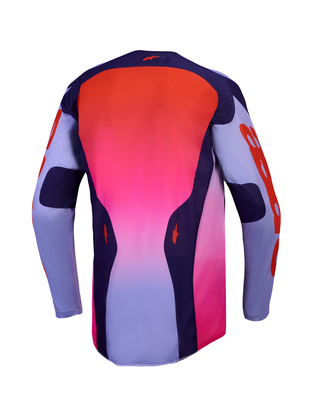 Alpinestars Racer Air Hunt Trikot, Motocross-Renntrikot für Herren, Rückansicht, Lila, Dunkelviolett und Pink Fluo, atmungsaktive Vollmaschenkonstruktion für Motocross-Rennen.