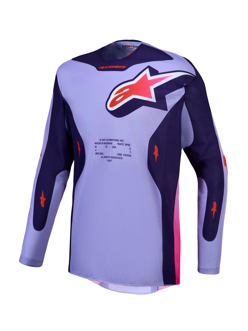Alpinestars Racer Air Hunt Trikot, lila und violettes Motocross-Renntrikot mit atmungsaktivem Mesh und pinken Akzenten.