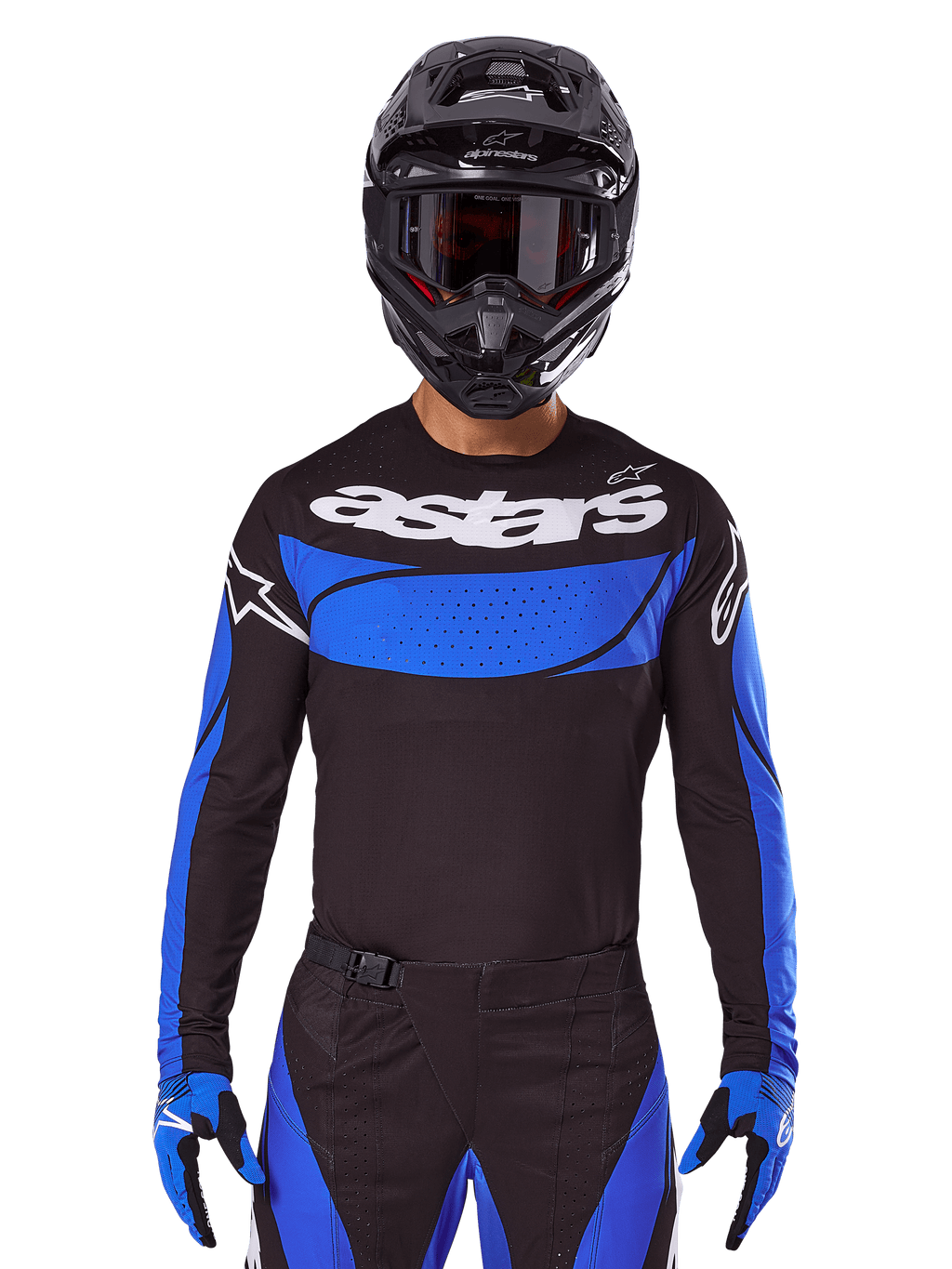Alpinestars 2025 Techstar Dreem Gear Set AND Jersey, Black and Blue Motocross Outfit, worn by a rider for off-road racing.