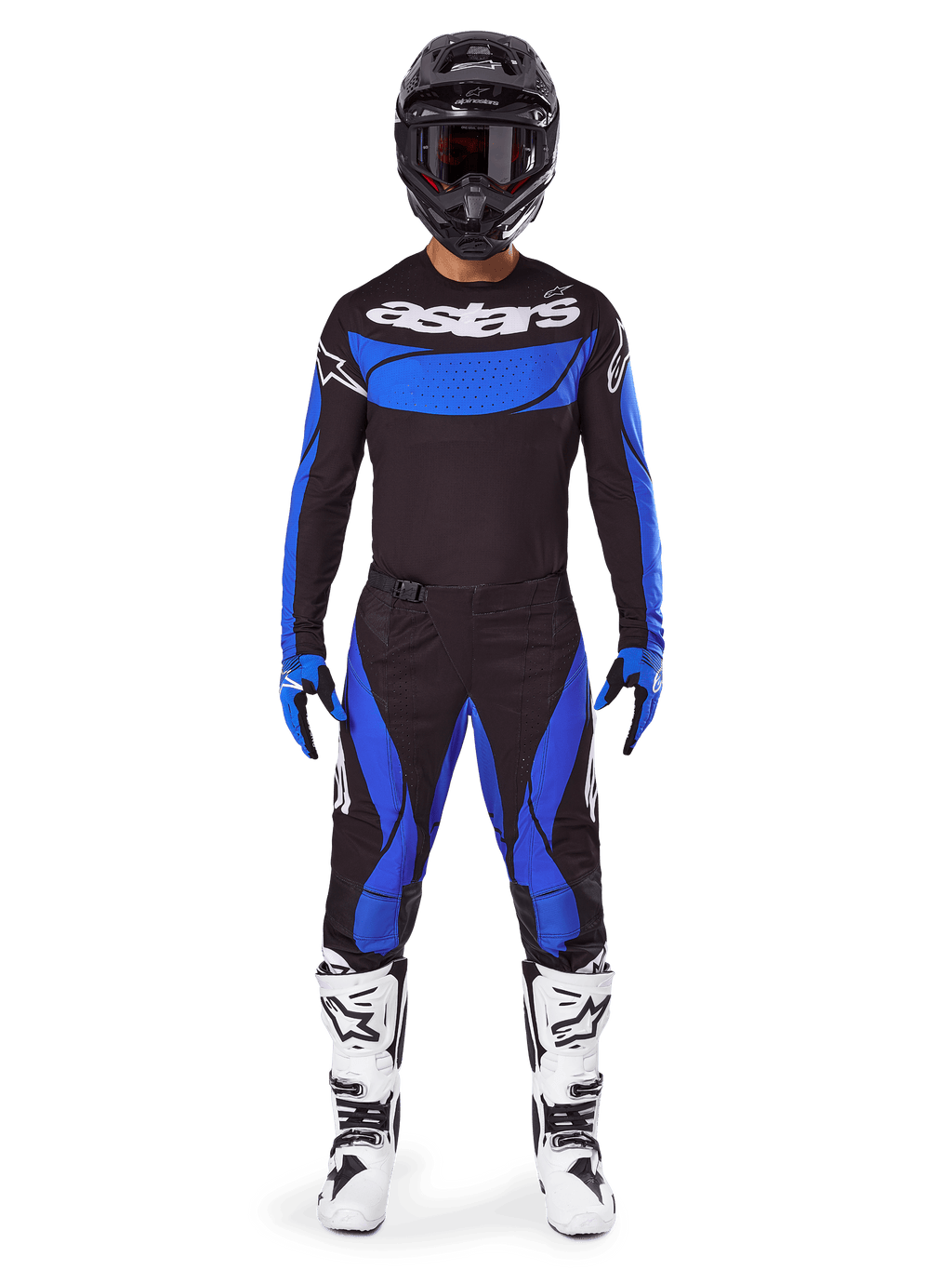 Alpinestars 2025 Techstar Dreem Gear Set, men's motocross racing outfit in black and blue textile with white boots.