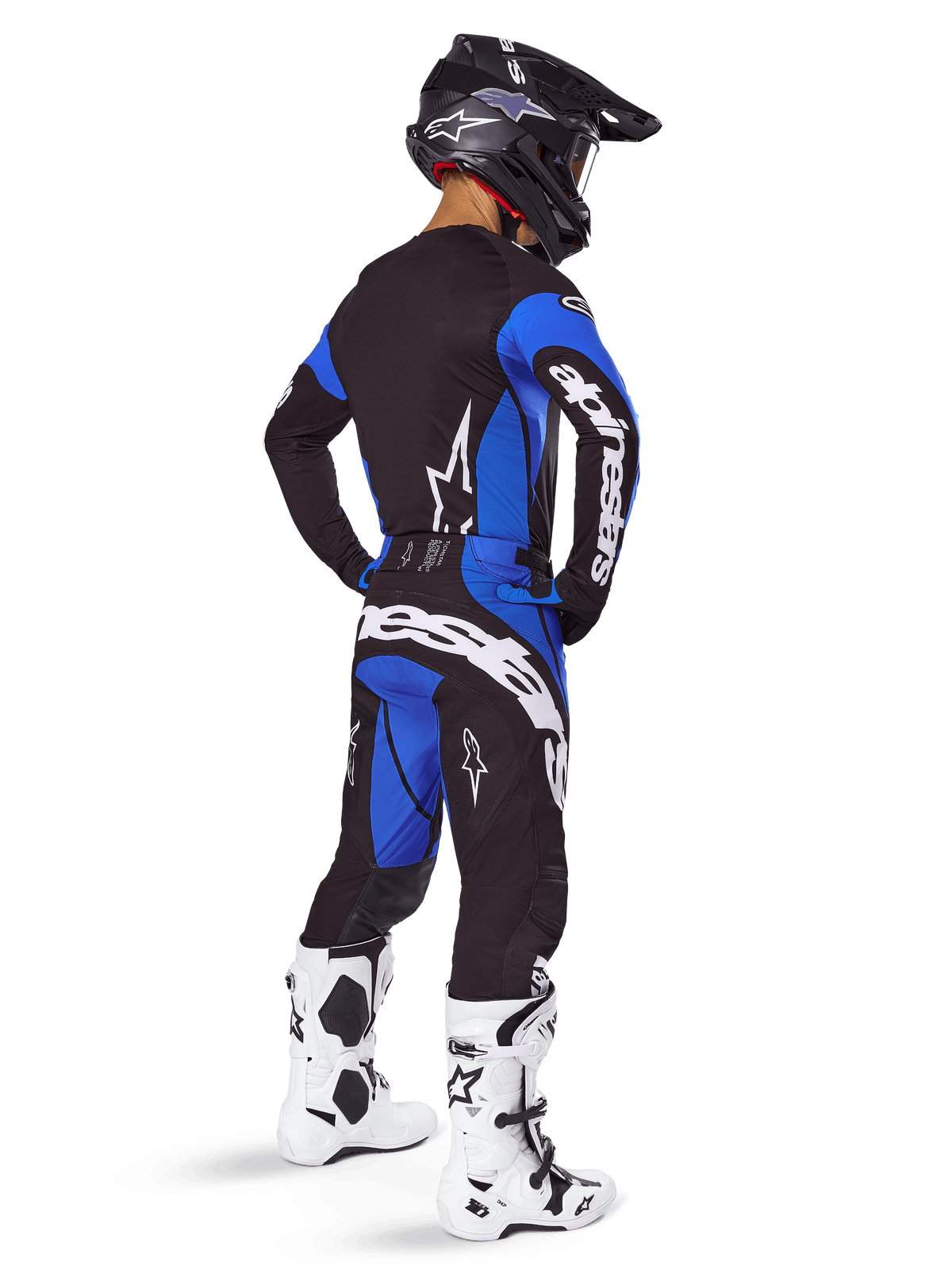 Alpinestars 2025 Techstar Dreem Gear Set and Jersey, black and blue motocross outfit for men, shown from a rear view.