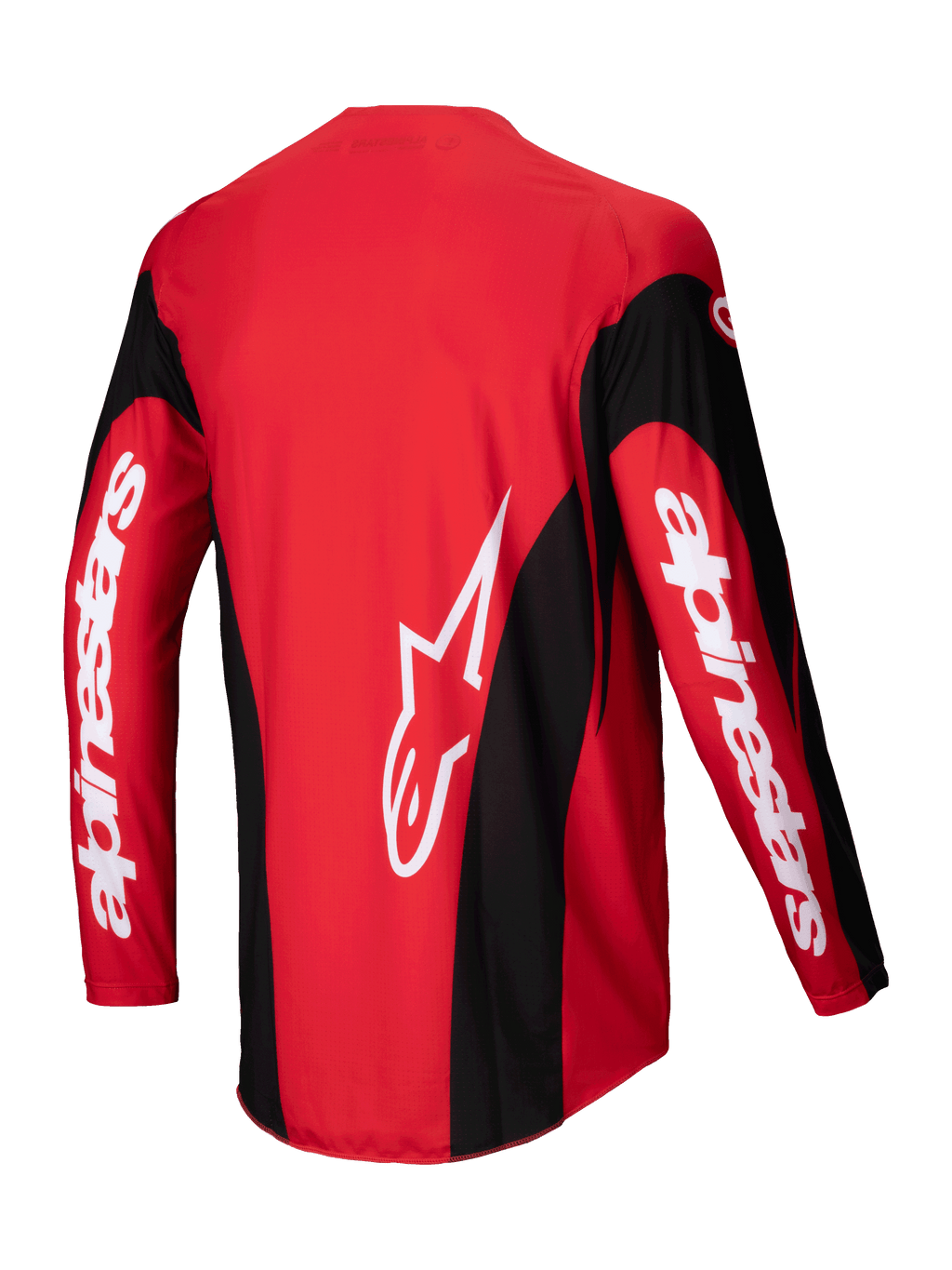 Alpinestars 2025 Techstar Dreem Trikot, Motocross-Trikot in Rot und Schwarz, Rückansicht mit leichter Polyfaser-Stretchkonstruktion und verlängerter Rückenpartie