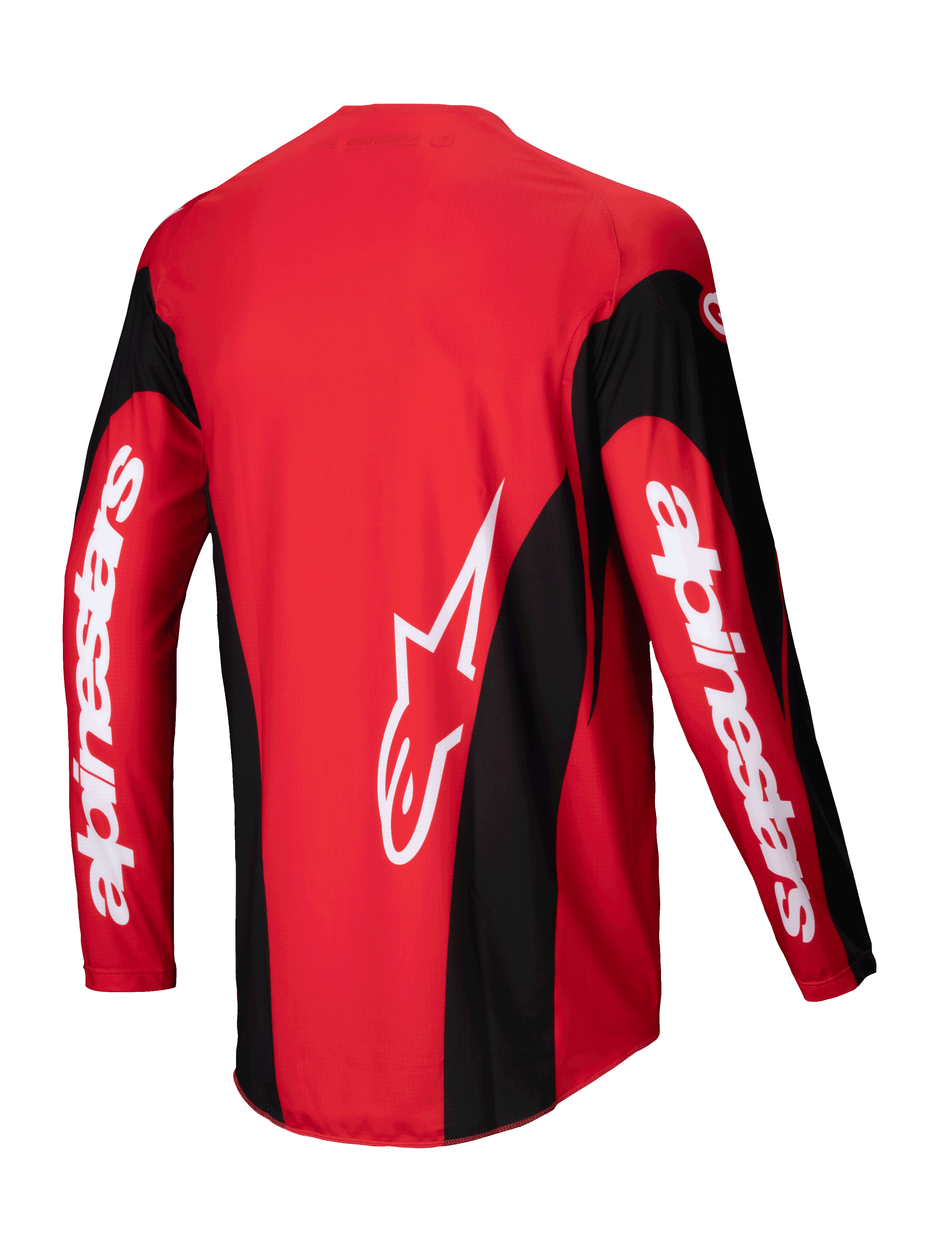 Alpinestars 2025 Techstar Dreem Trikot, Motocross-Trikot in Rot und Schwarz, Rückansicht mit leichter Polyfaser-Stretchkonstruktion und verlängerter Rückenpartie