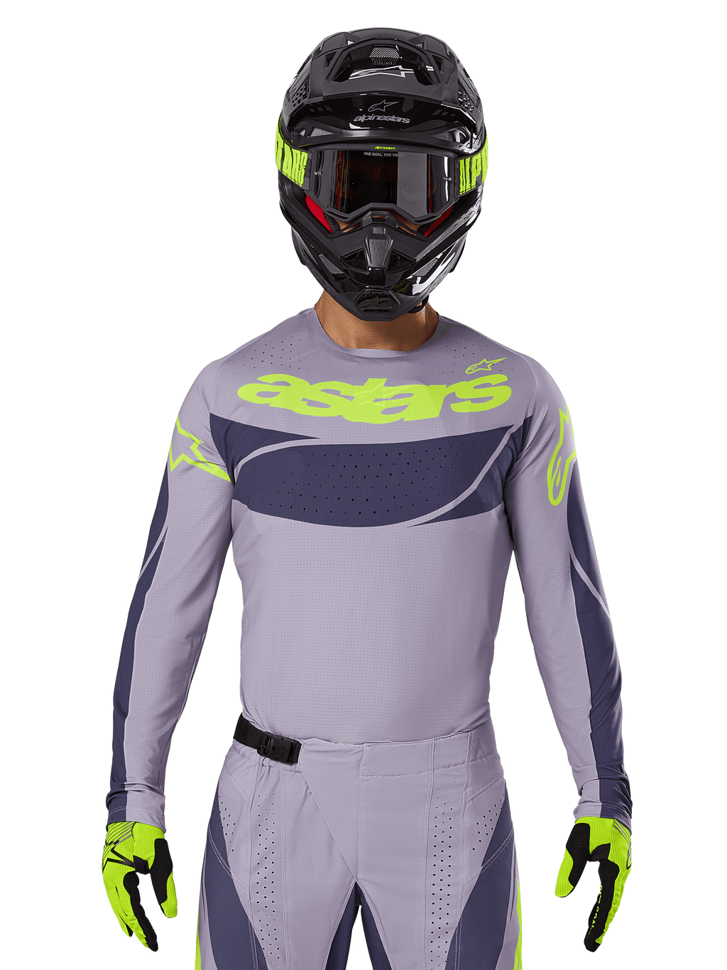 2025 Techstar Dreem Jersey und Ausrüstungsset, Motocross-Rennausrüstung, hellgrau und dunkelgrau mit neongelben Akzenten, mit „astars“-Branding, getragen mit schwarzem Helm, Brille und passenden Handschuhen, technisches perforiertes Material für Offroad-Performance