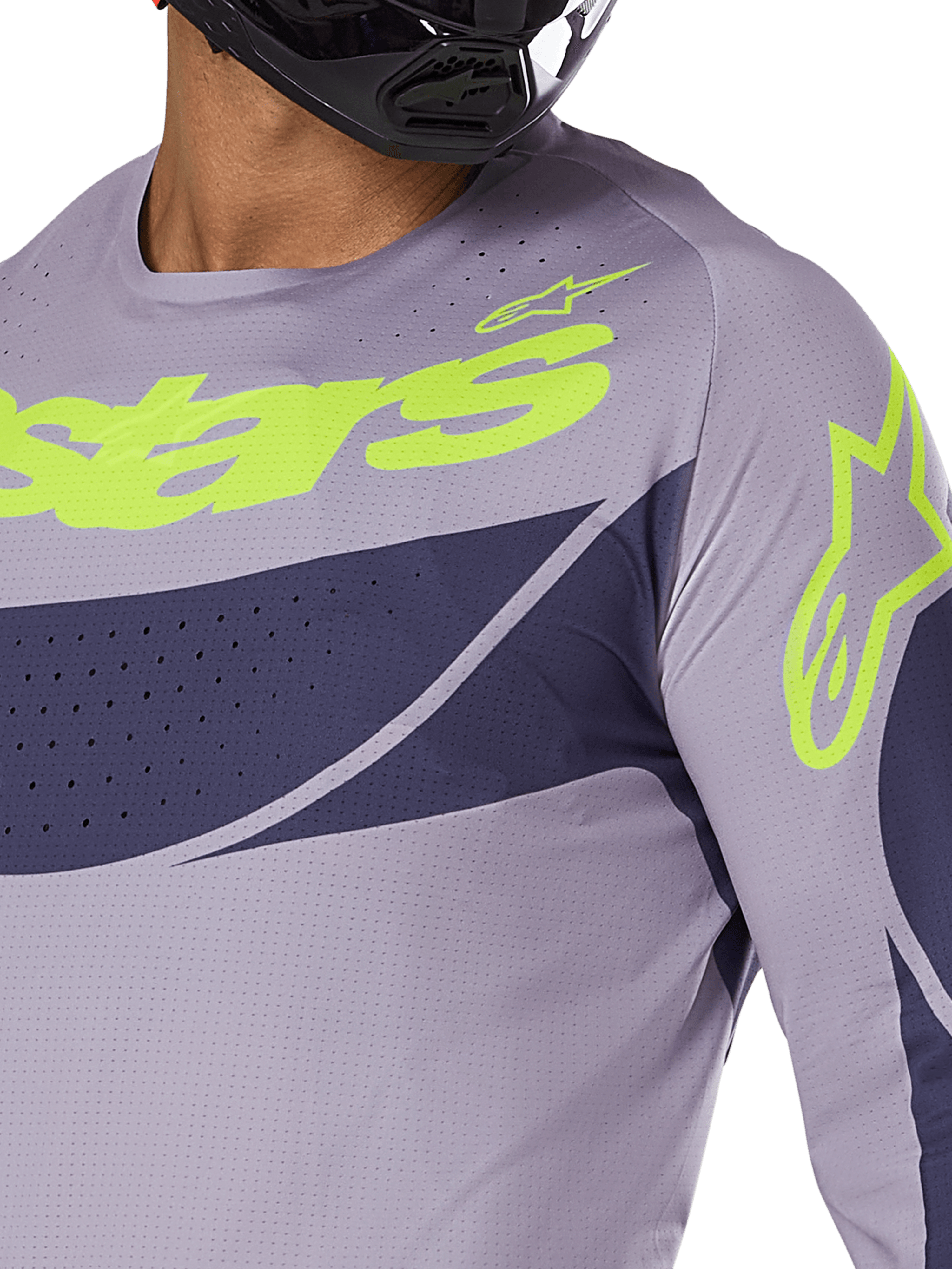 Alpinestars 2025 Techstar Dreem Jersey, Motocross Jersey, Gray and Navy Blue with Bright Lime Green logo, close-up of rider wearing black helmet, featuring laser-cut perforations for ventilation