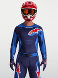 Alpinestars Racer Hunt Jersey, men's blue and red motocross jersey with moisture-wicking fabric and ergonomic race fit.