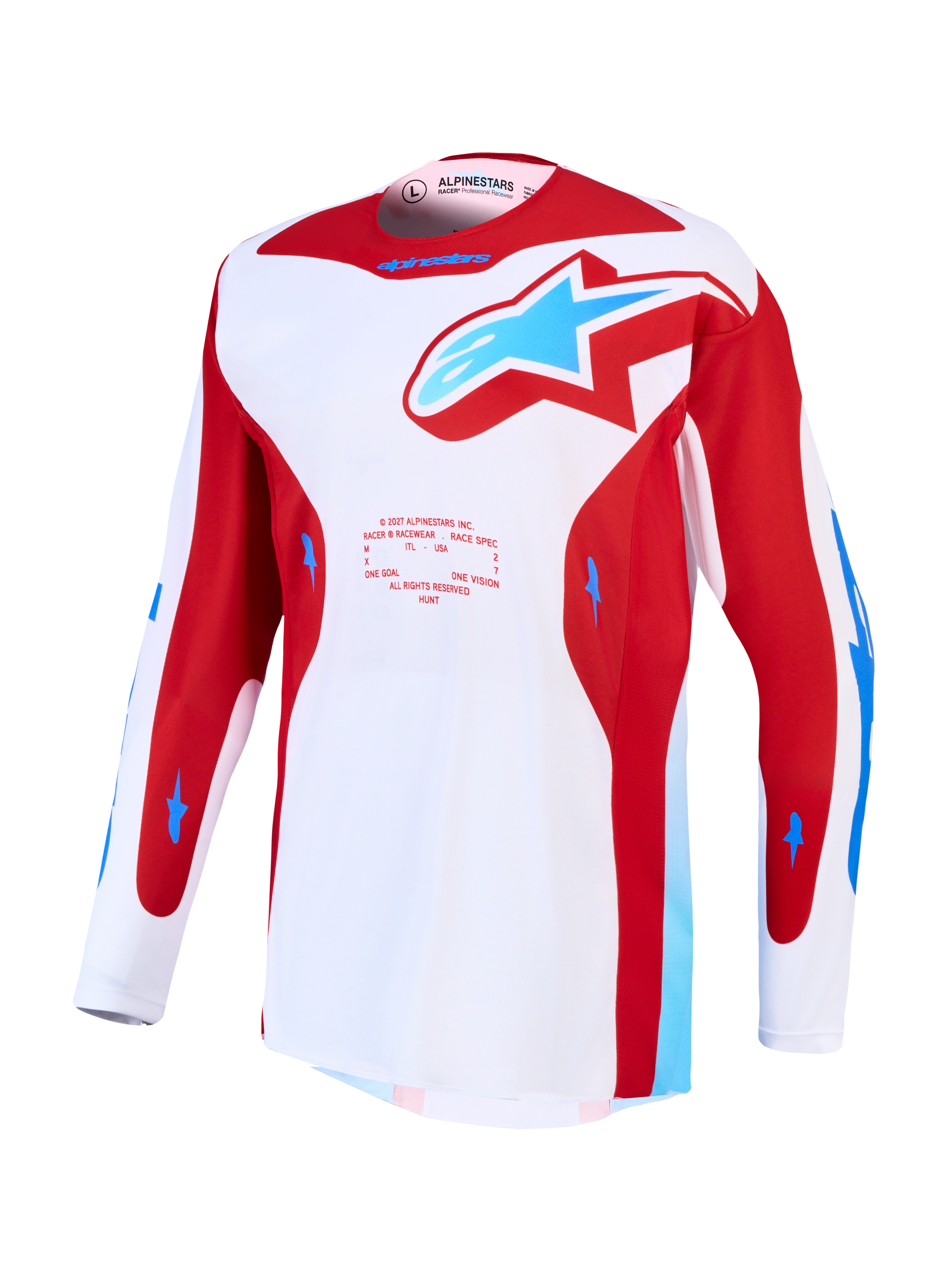 Alpinestars Racer Hunt Trikot, Herren-Motocross-Trikot, Rot und Weiß mit blauen Akzenten, feuchtigkeitsableitendes Polygewebe und Mesh-Belüftungseinsätze
