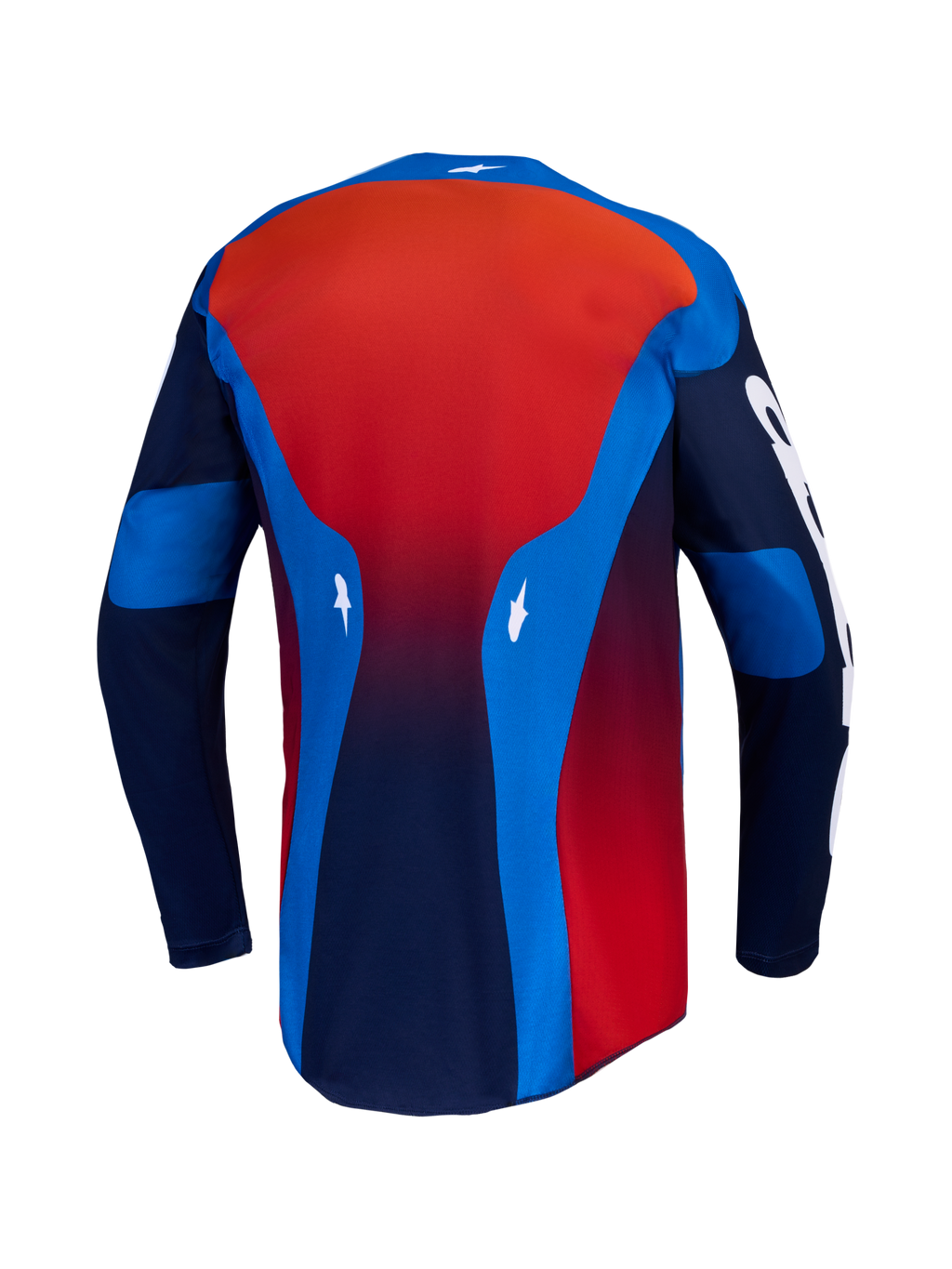 Alpinestars 2027 Racer Hunt Trikot, blau-rotes Herren-Motocrosstrikot, Rückansicht mit feuchtigkeitsableitendem, langem Saum.